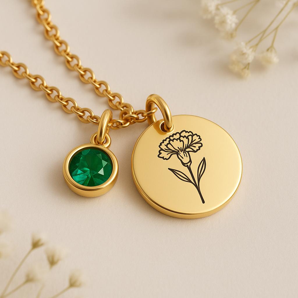 Custom Birth Month Flower Birthstone Gold Charm Necklace - 特色图片