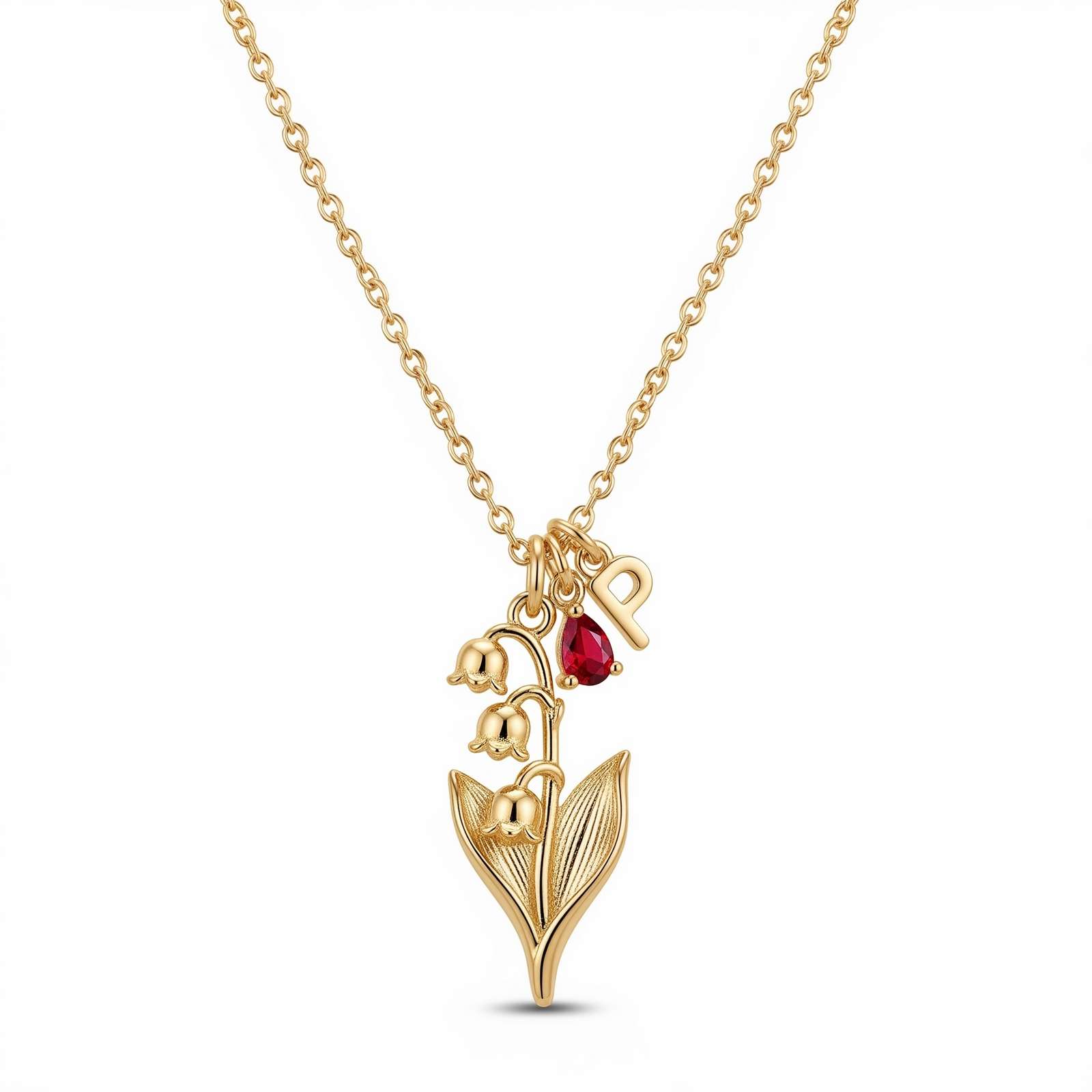 Custom Birth Month Flower Birthstone Charm Necklace - Gold Lily of the Valley Initial Necklace - Personalized Floral Birthstone Pendant