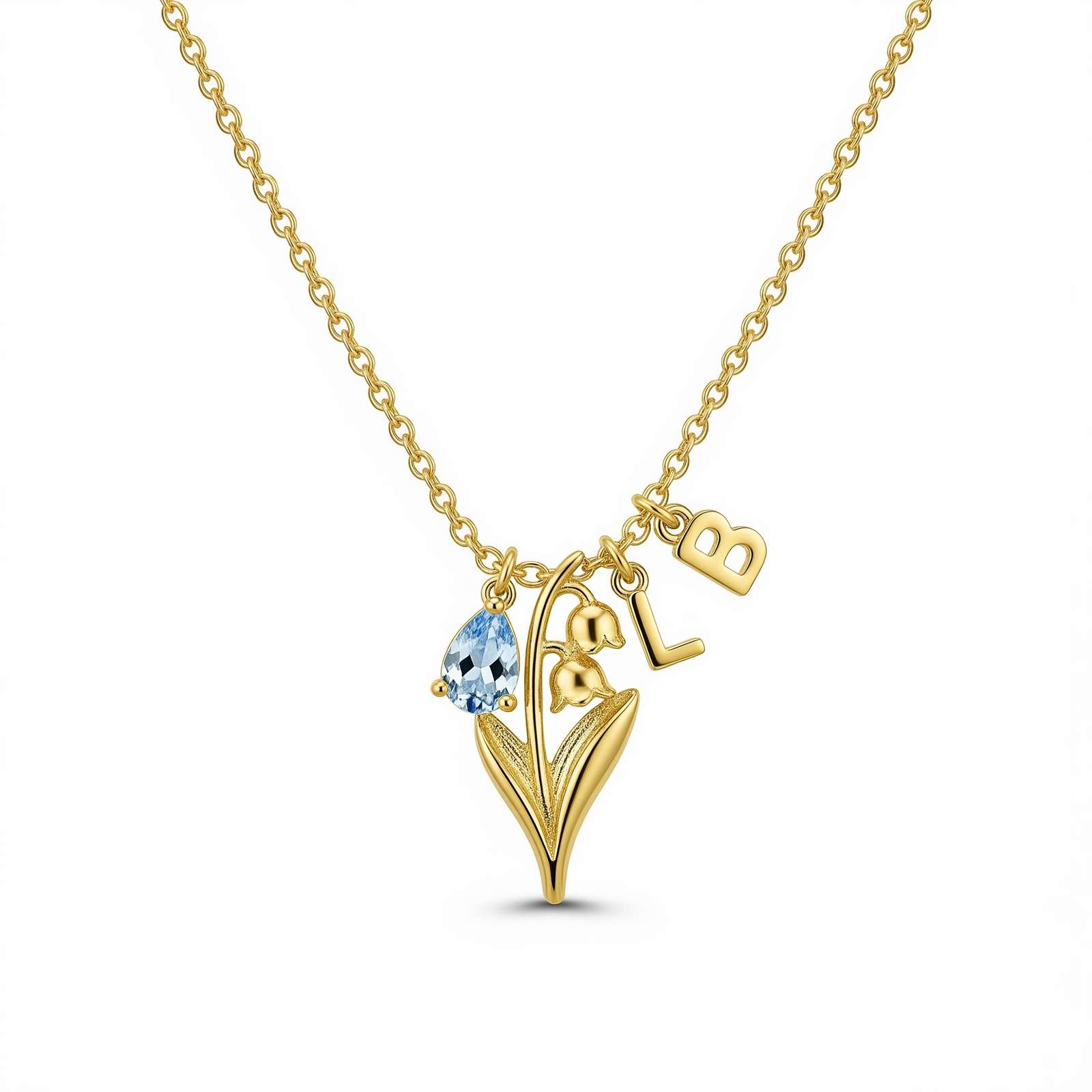 Custom Birth Month Flower Birthstone Charm Necklace - Personalized Lily of the Valley Initial Necklace in Gold