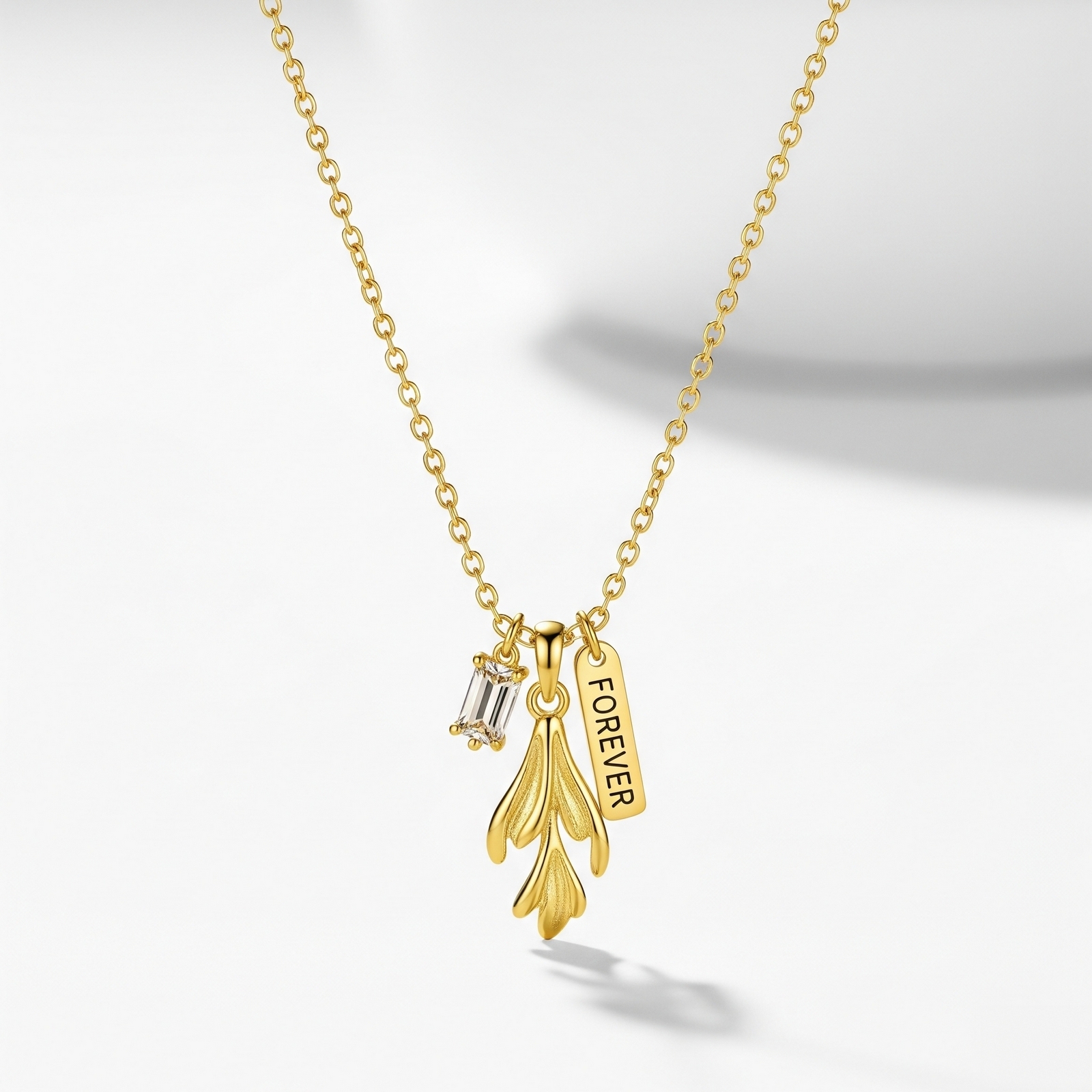 Custom Birth Month Flower Birthstone Charm Necklace with Gold Forever Tag & Personalized Baguette Crystal Floral Pendant