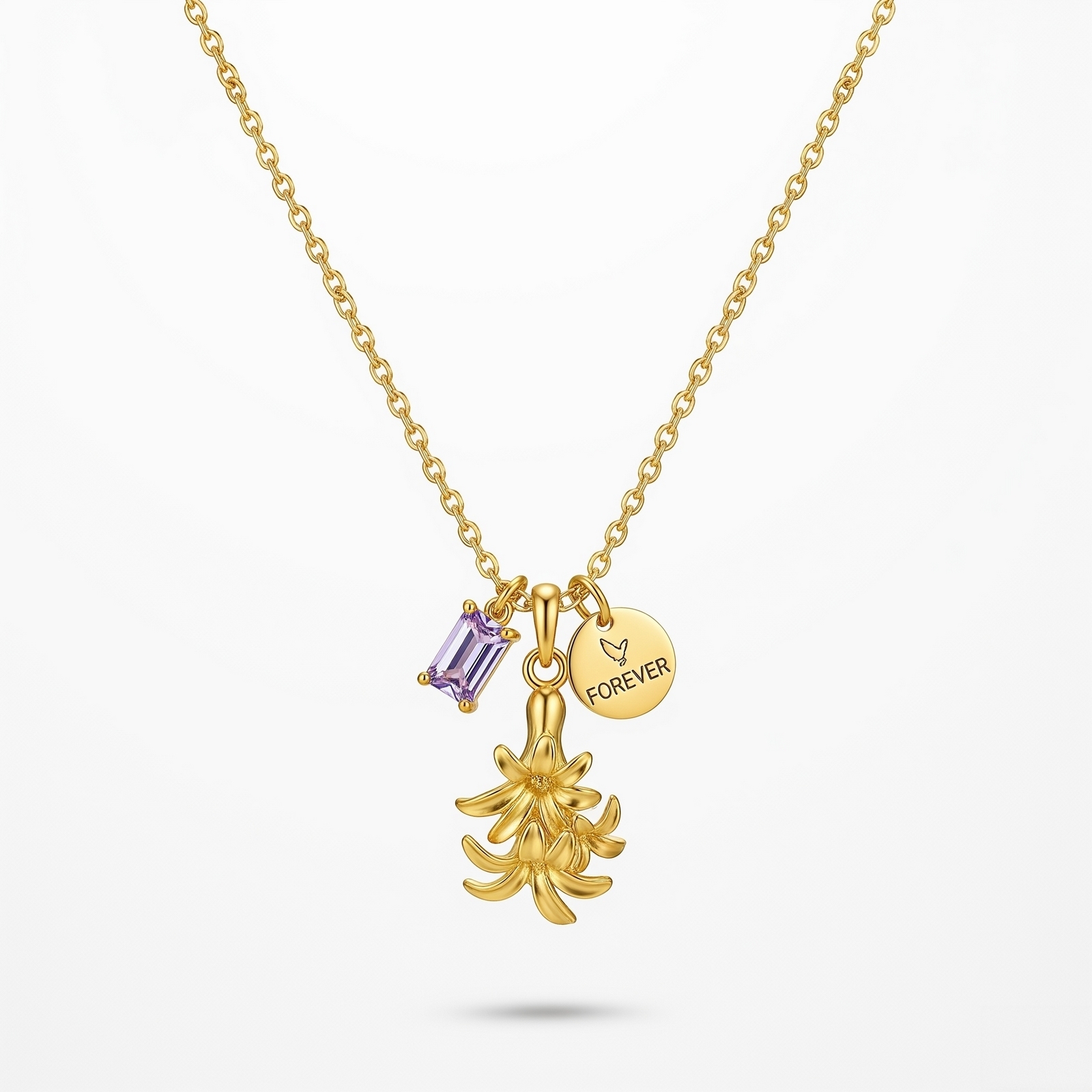 Custom Birth Month Flower Birthstone Charm Necklace – Personalized Gold Pendant with Purple Birthstone and Forever Charm Flower Necklace for Women