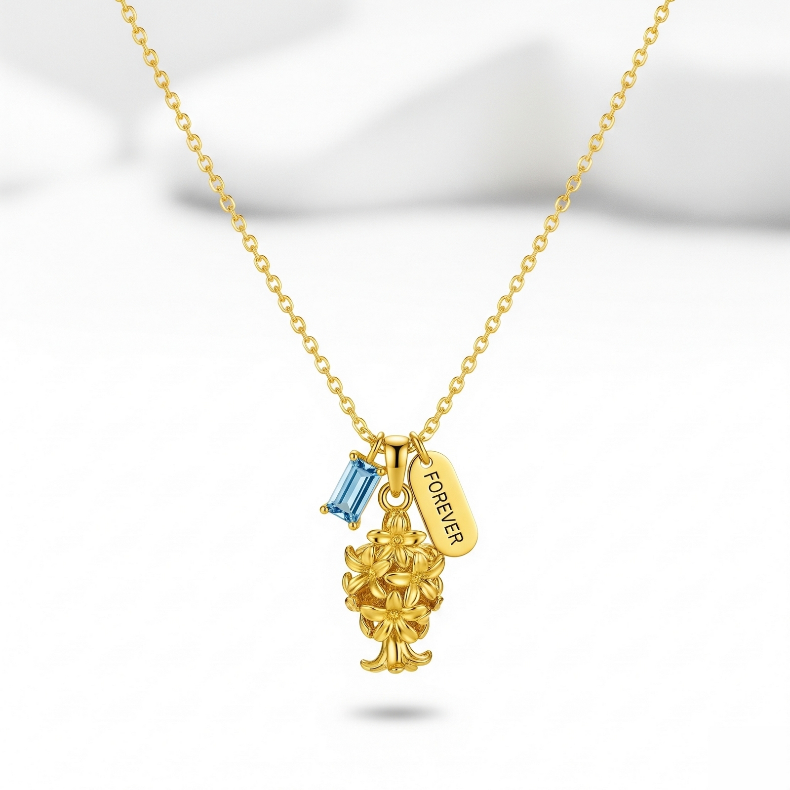 Personalized Floral Gemstone Necklace – Custom Birth Flower Birthstone Necklace with Gold Charm Pendant and Engraving – Elegant, Meaningful Gift Keepsake
