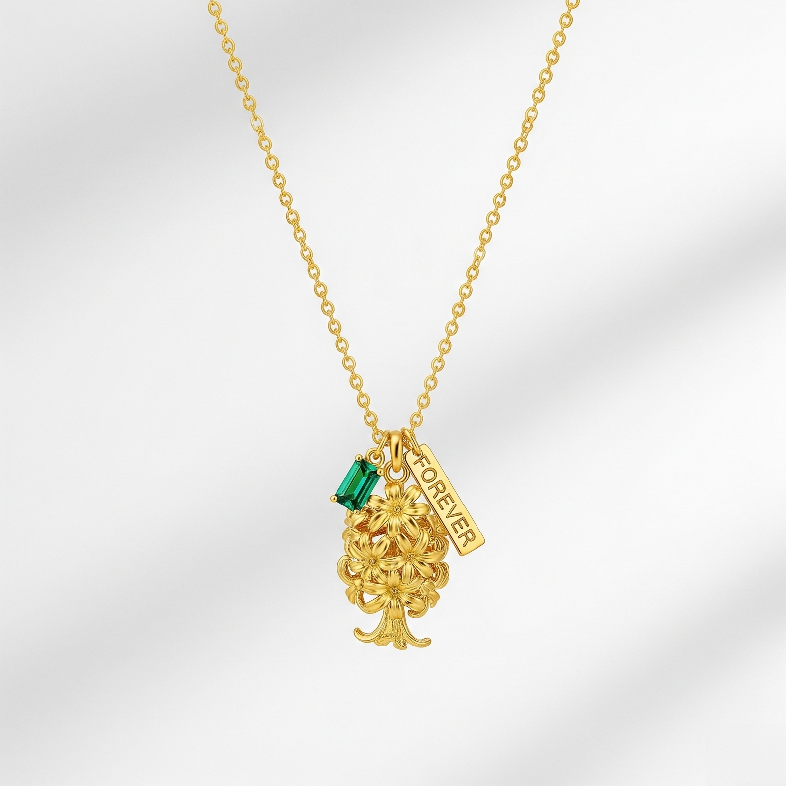 Custom Birth Month Flower Birthstone Charm Necklace – Personalized Forever Flower Charm Jewelry in a Gold Floral Birthstone Pendant Necklace Design
