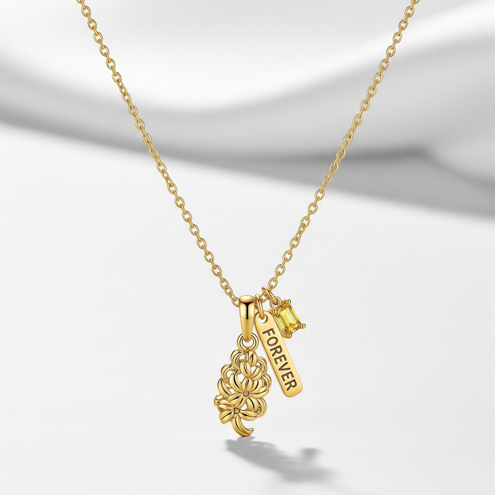 Custom Birth Month Flower Birthstone Charm Necklace – Gold Floral Charm Necklace with Heart and Gemstone – Personalized Engraved Flower Pendant Necklace