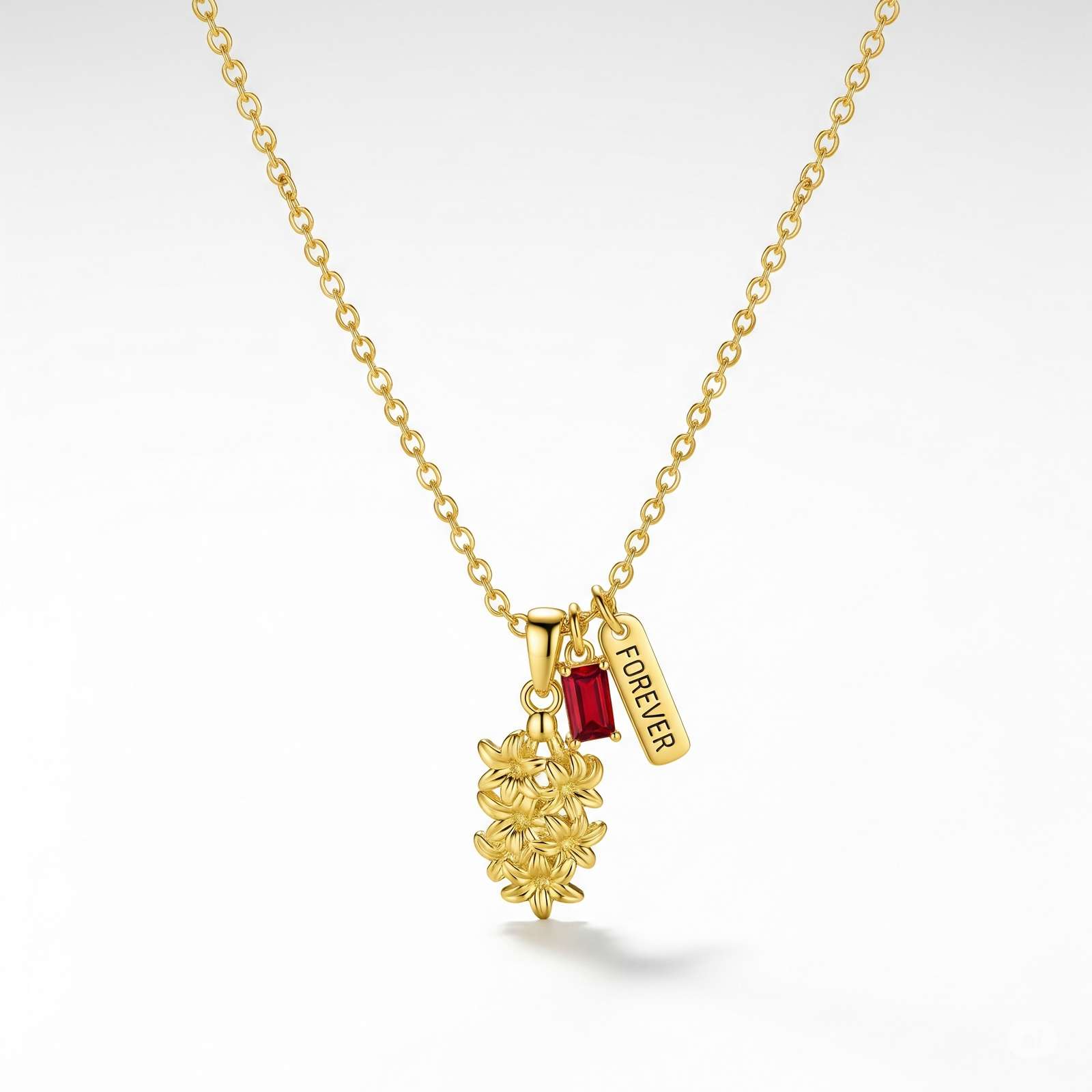 Custom Birth Month Flower Birthstone Charm Necklace - Gold Daisy Cluster Pendant with Ruby Crystal, Personalized Forever Charm Floral Necklace