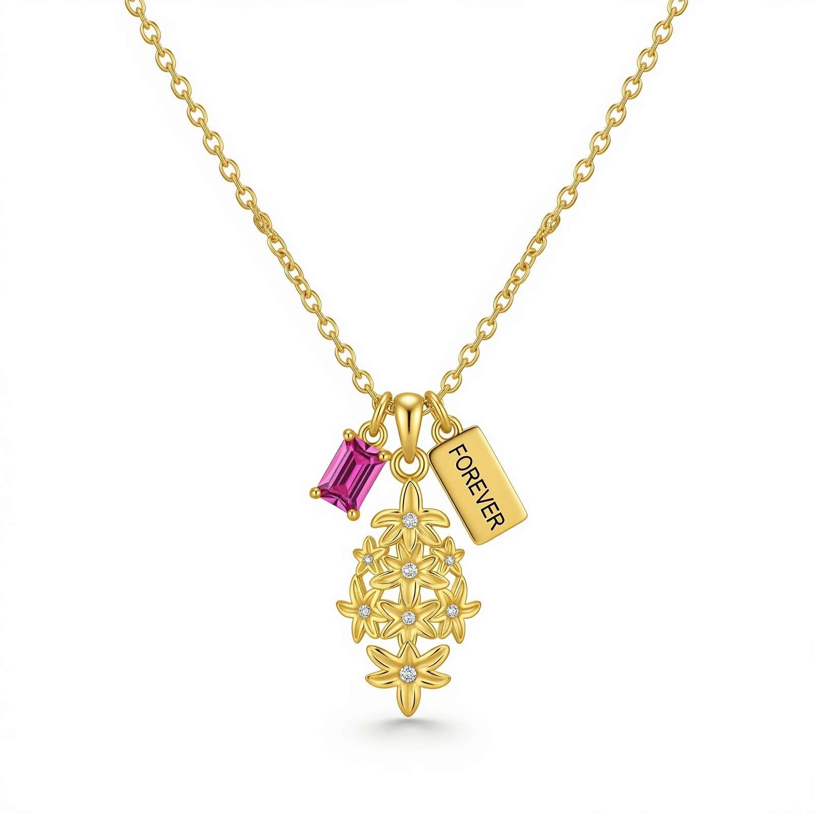 Custom Birth Month Flower Birthstone Charm Necklace – Personalized Forever Pendant Necklace with Gold Floral Charm and Pink Gemstone Accent