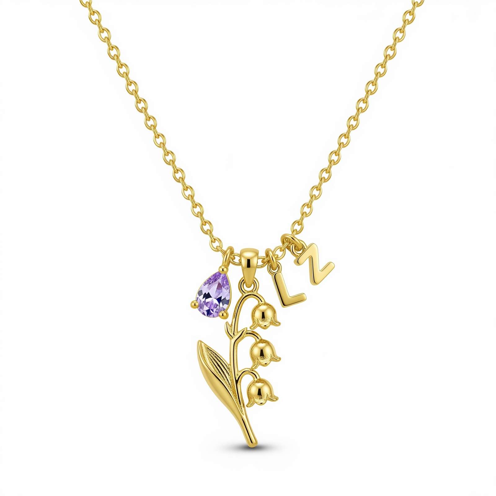 Gold Flower Necklace with Lily of the Valley Charm, Personalized Initial Necklace, Birthstone Jewelry, Custom Floral Pendant Gift