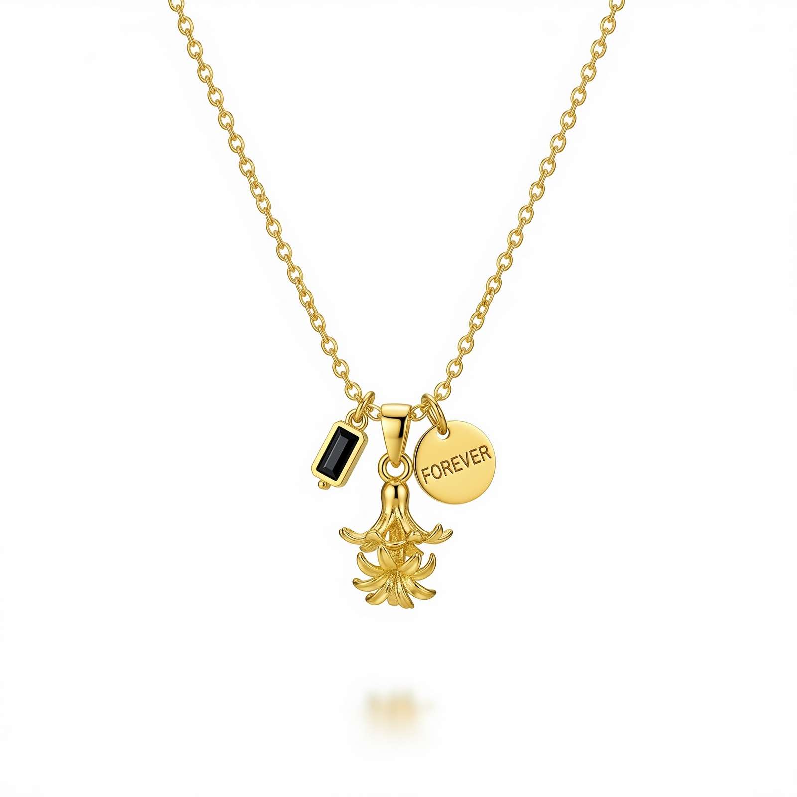 Custom Flower Birthstone Charm Necklace – Personalized Gold Forever Necklace with Birth Month Flower Pendant and Black Gem