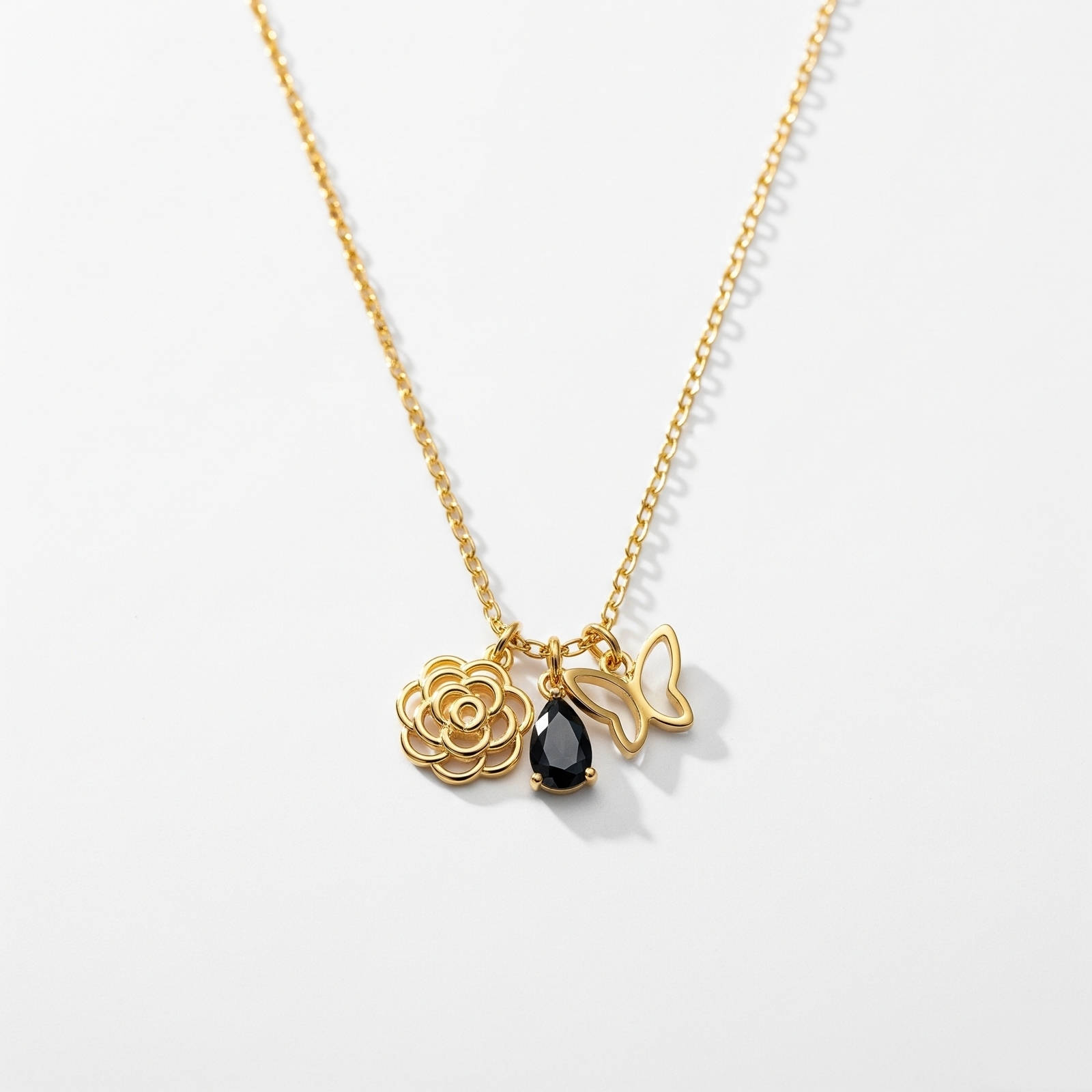Custom Charm Necklace with Gold Flower Butterfly & Personalized Birthstone Pendant