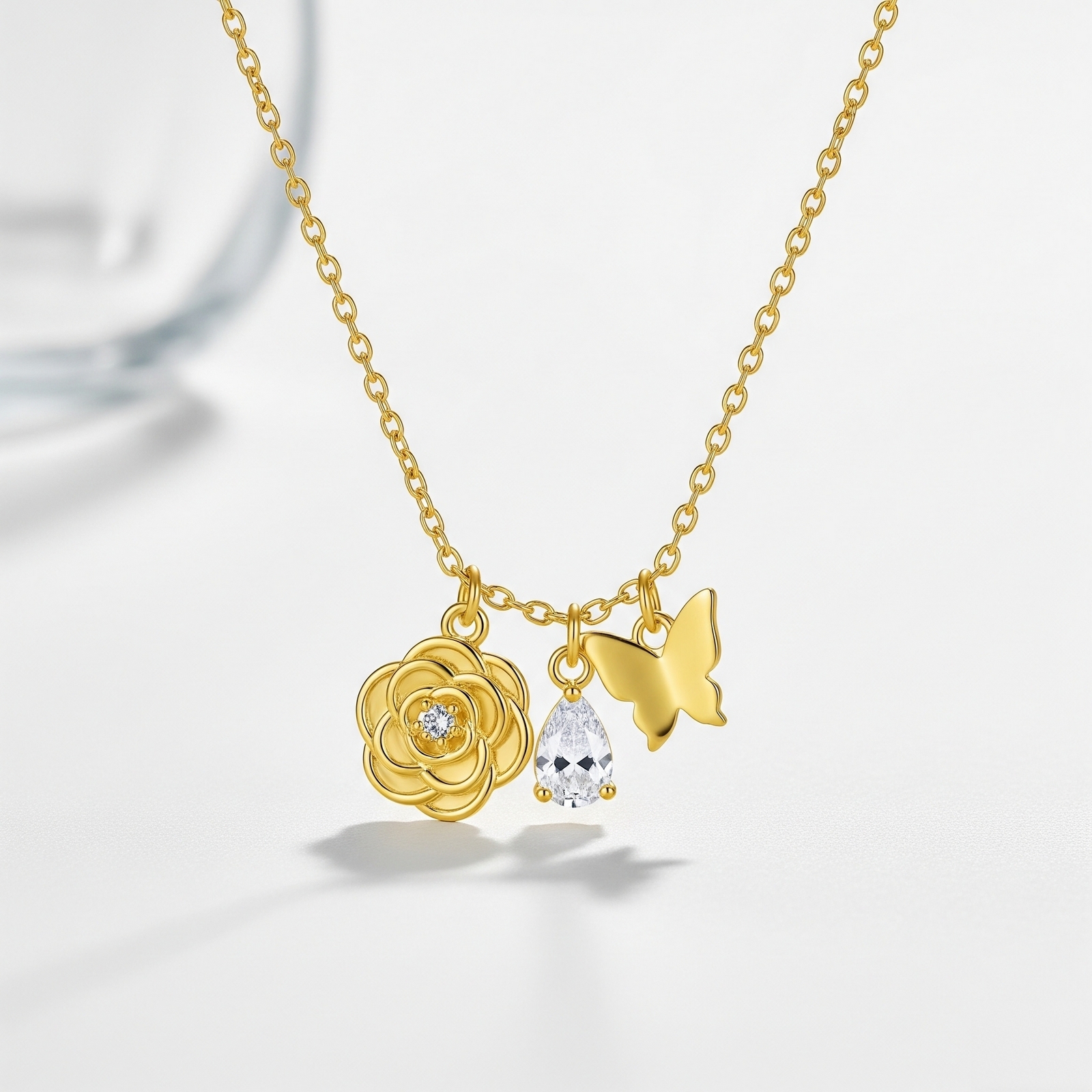 Custom Birth Month Flower Necklace with Gold Butterfly Birthstone Pendant – Elegant Floral Charm Necklace for Women