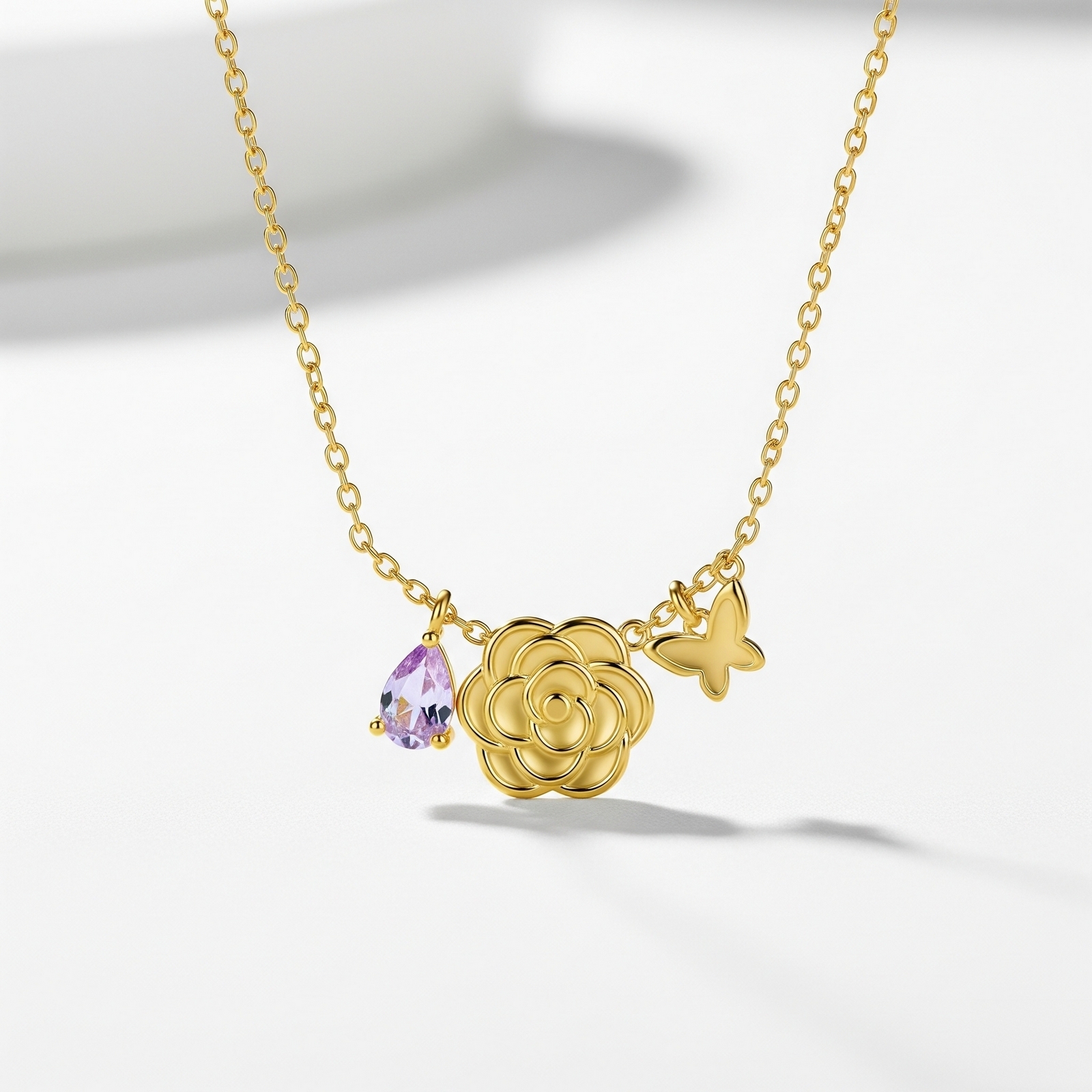 Custom Birth Month Flower Birthstone Charm Necklace – Gold Flower Butterfly Gemstone Necklace with Personalized Floral Birthstone Pendant