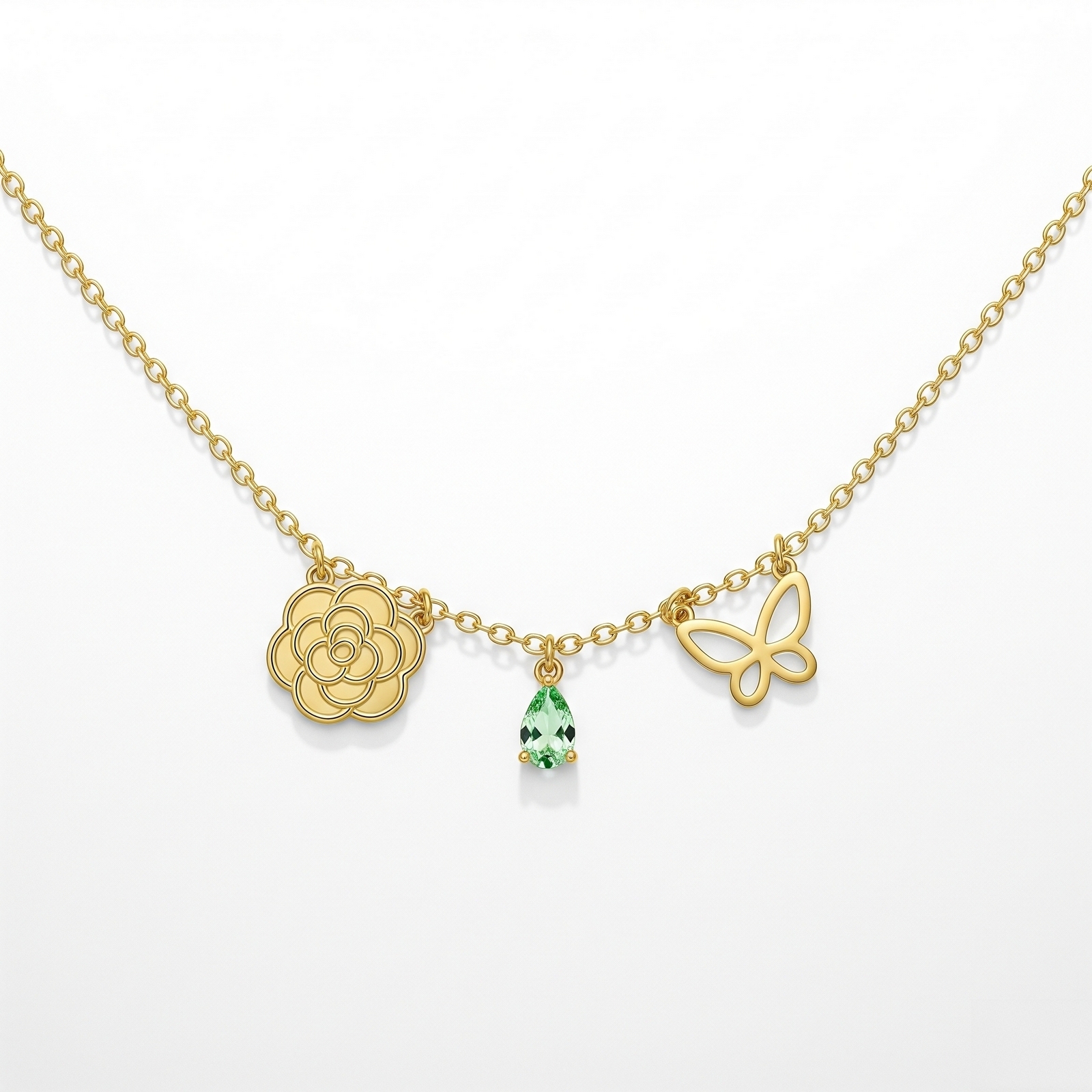Custom Birth Flower and Birthstone Necklace – Gold Charm Necklace with Flower and Butterfly – Personalized Birthstone Floral Charm Necklace for Meaningful Gifting