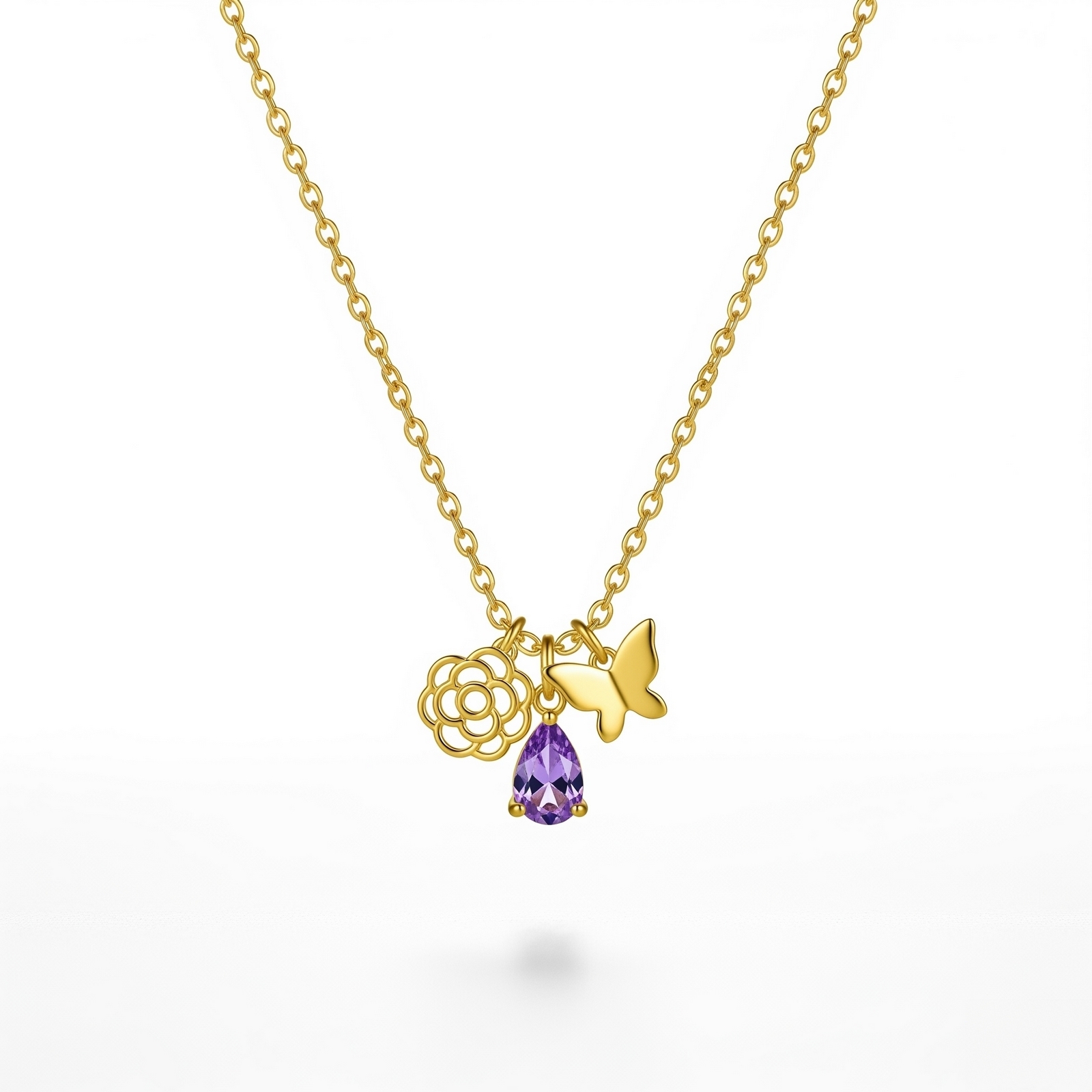 Custom Birth Month Flower Birthstone Charm Necklace – Personalized Gold Charm Necklace for Women with Gold Butterfly Flower Amethyst Pendant Necklace Elegance