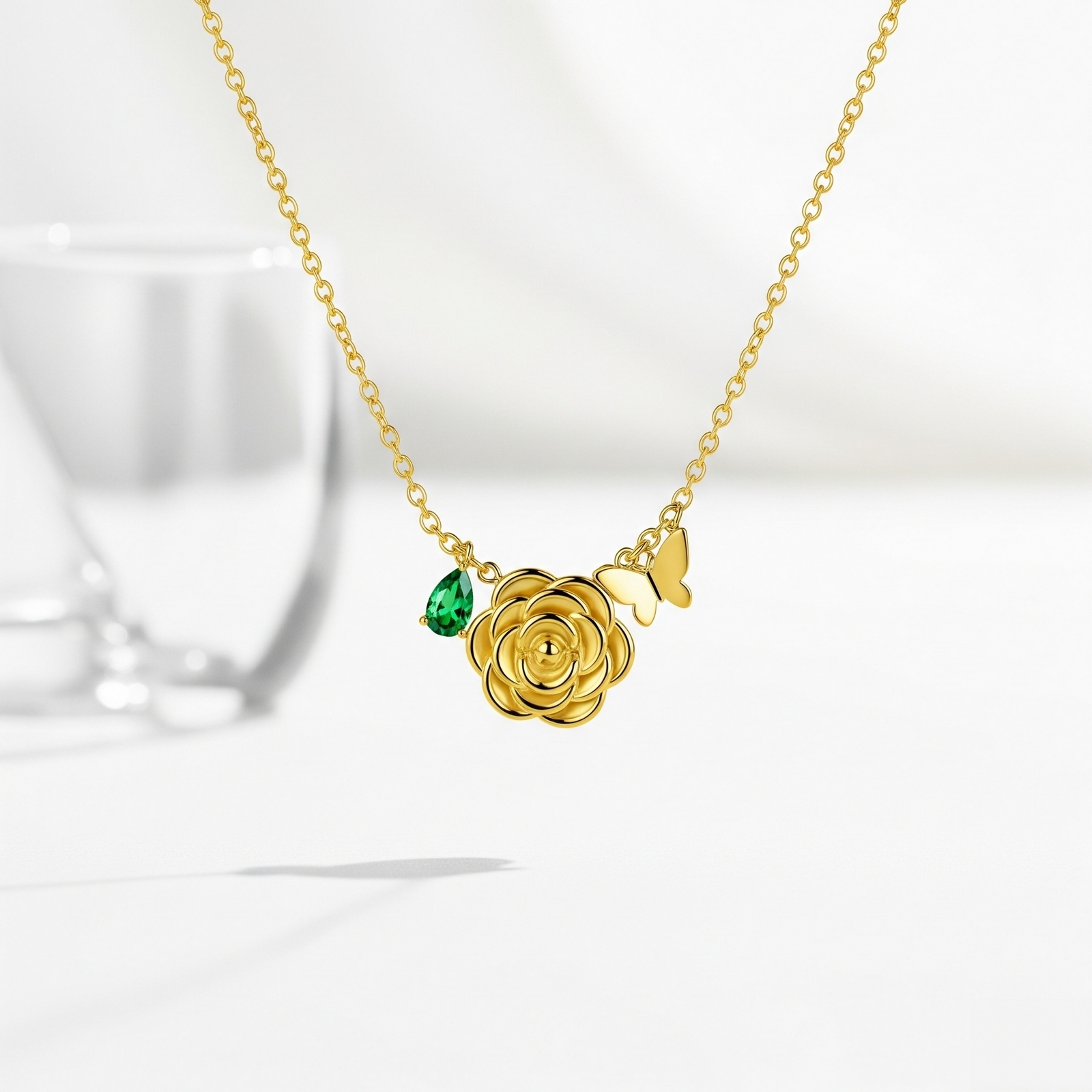 Custom Birth Flower Birthstone Necklace – Gold Rose Pendant with Emerald Charm, Personalized Floral Charm Necklace Gift for Her