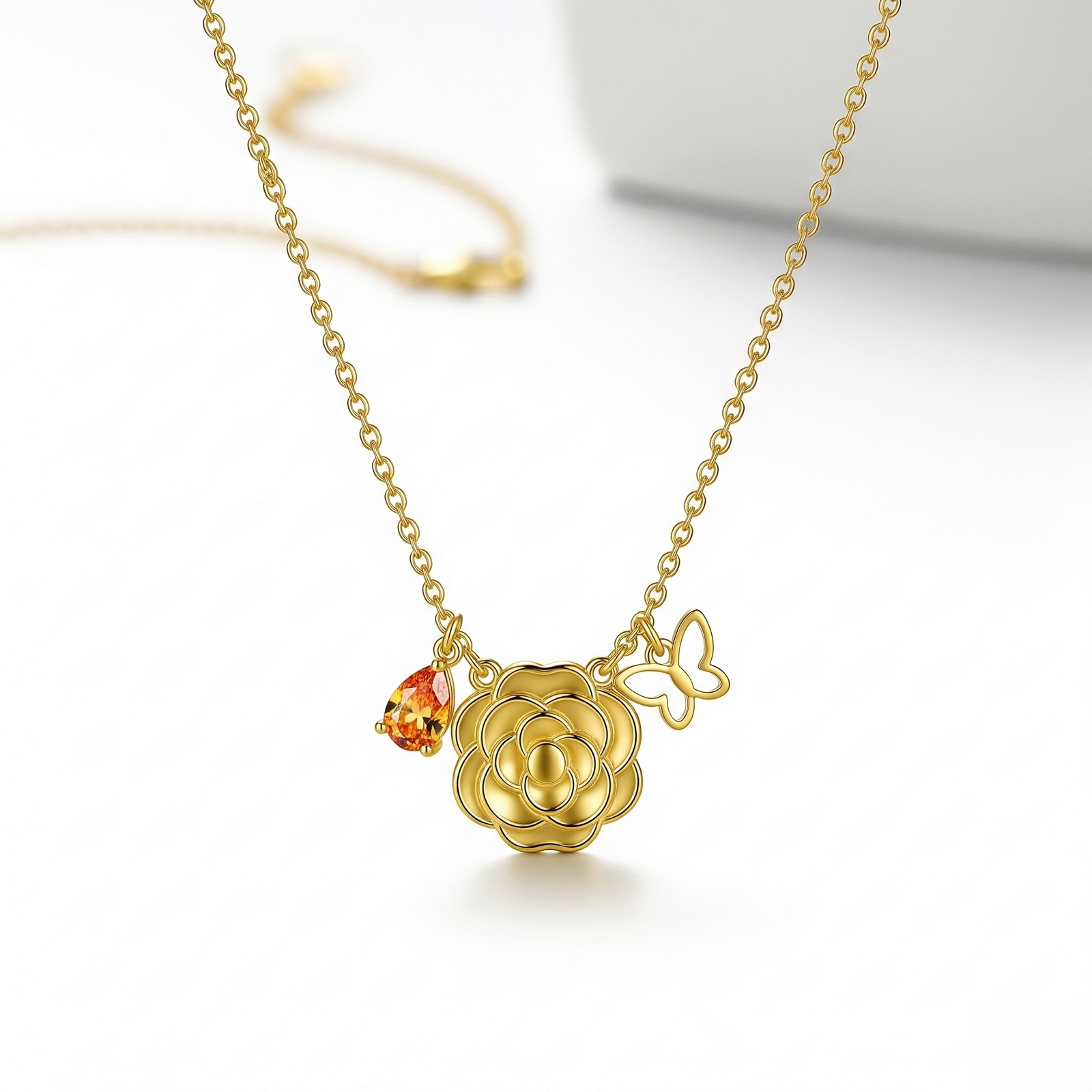 Custom Birth Month Flower Birthstone Charm Necklace – Gold Flower Butterfly Charm Necklace with Personalized Floral Birthstone Jewelry Touch