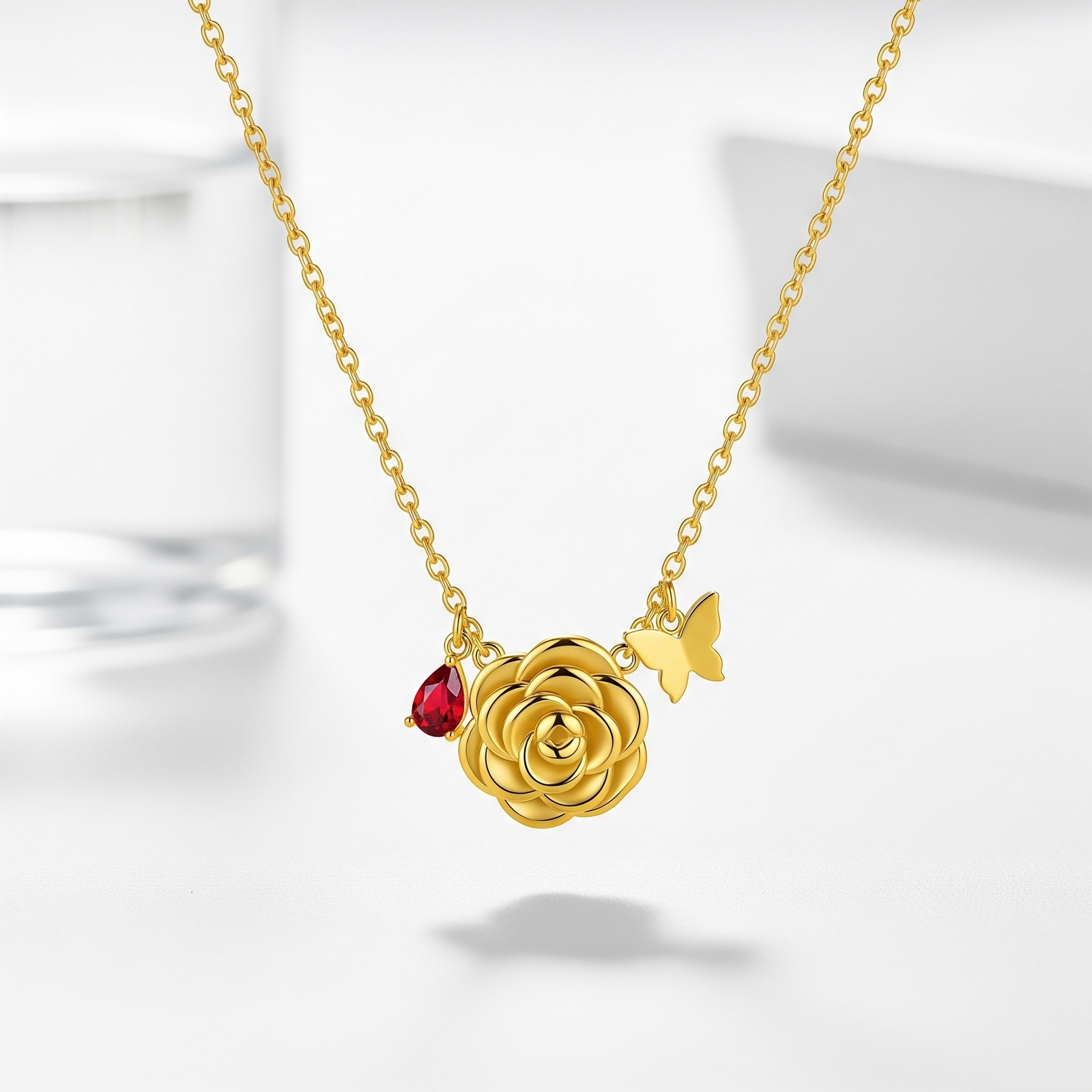 Elegant Custom Birth Flower Necklace with Birthstone – Gold Rose Pendant Butterfly Necklace – Personalized Floral Charm Jewelry Gift for Her