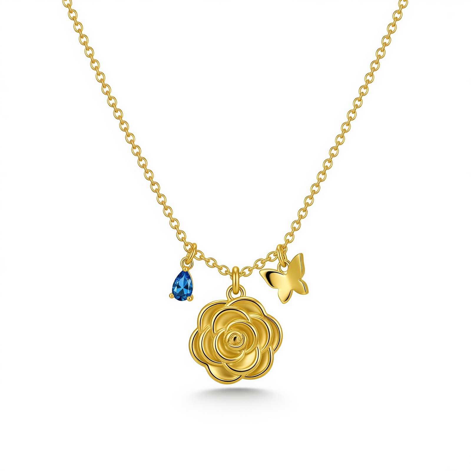 Custom Birth Month Flower Birthstone Charm Necklace – Gold Rose Butterfly Charm Necklace with Personalized Floral Birthstone Pendant for Meaningful Elegance