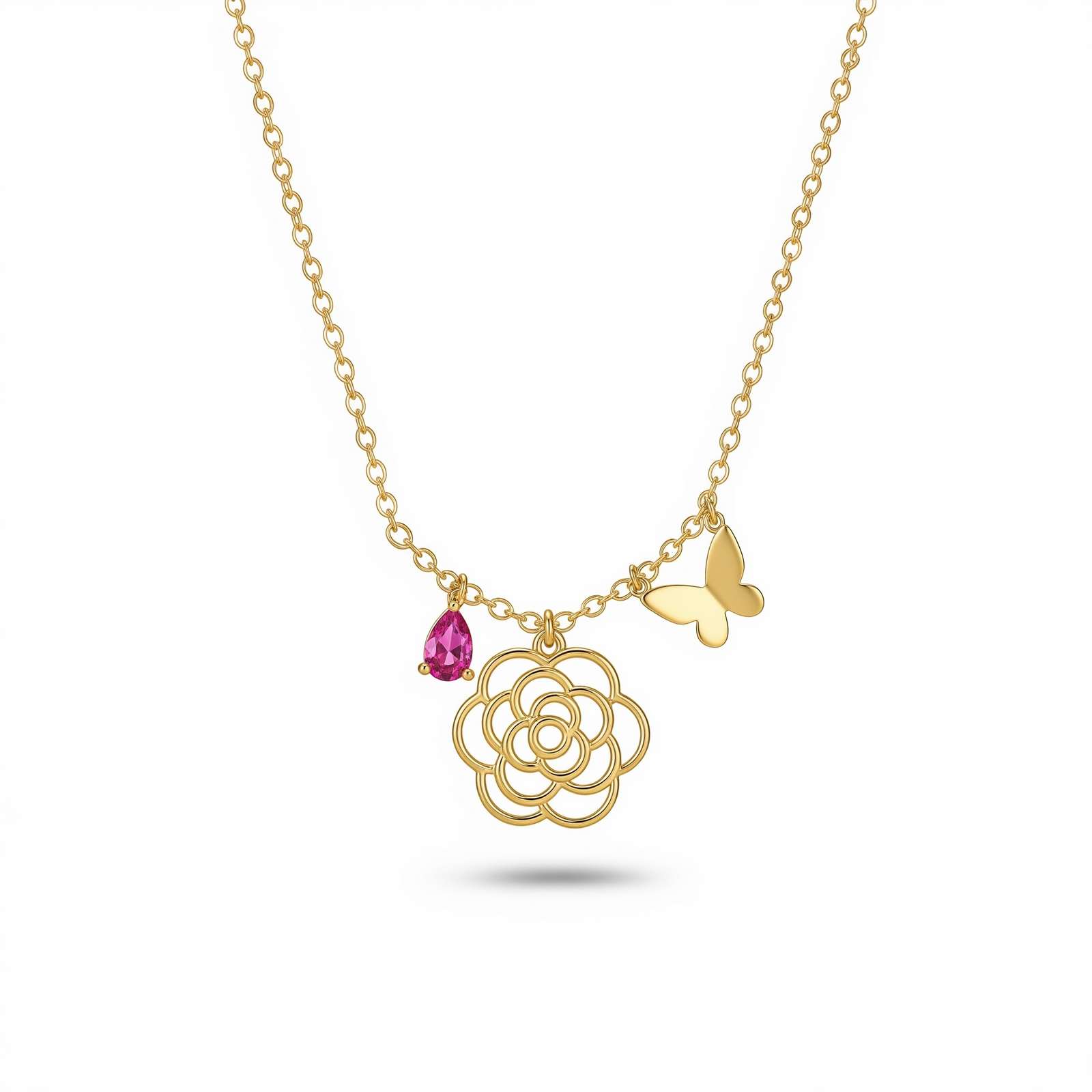 Custom Birth Month Flower Birthstone Charm Necklace with Ruby Teardrop, Gold Floral Butterfly Charm Necklace, Personalized Ruby Teardrop Pendant Necklace