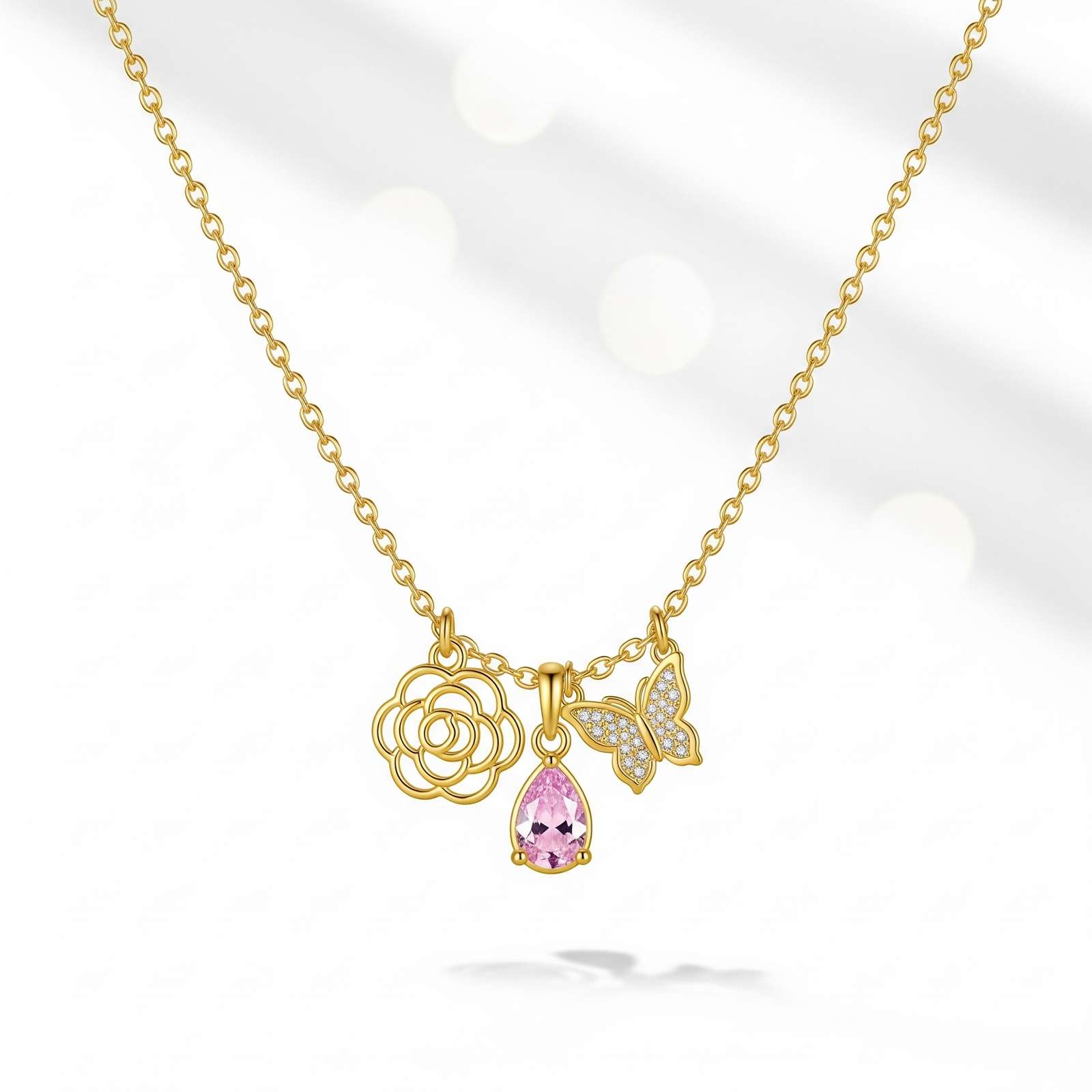 Custom Birth Flower Necklace with Birthstone – Gold Charm Necklace with Pink Gemstone – Personalized Floral Butterfly Pendant Necklace