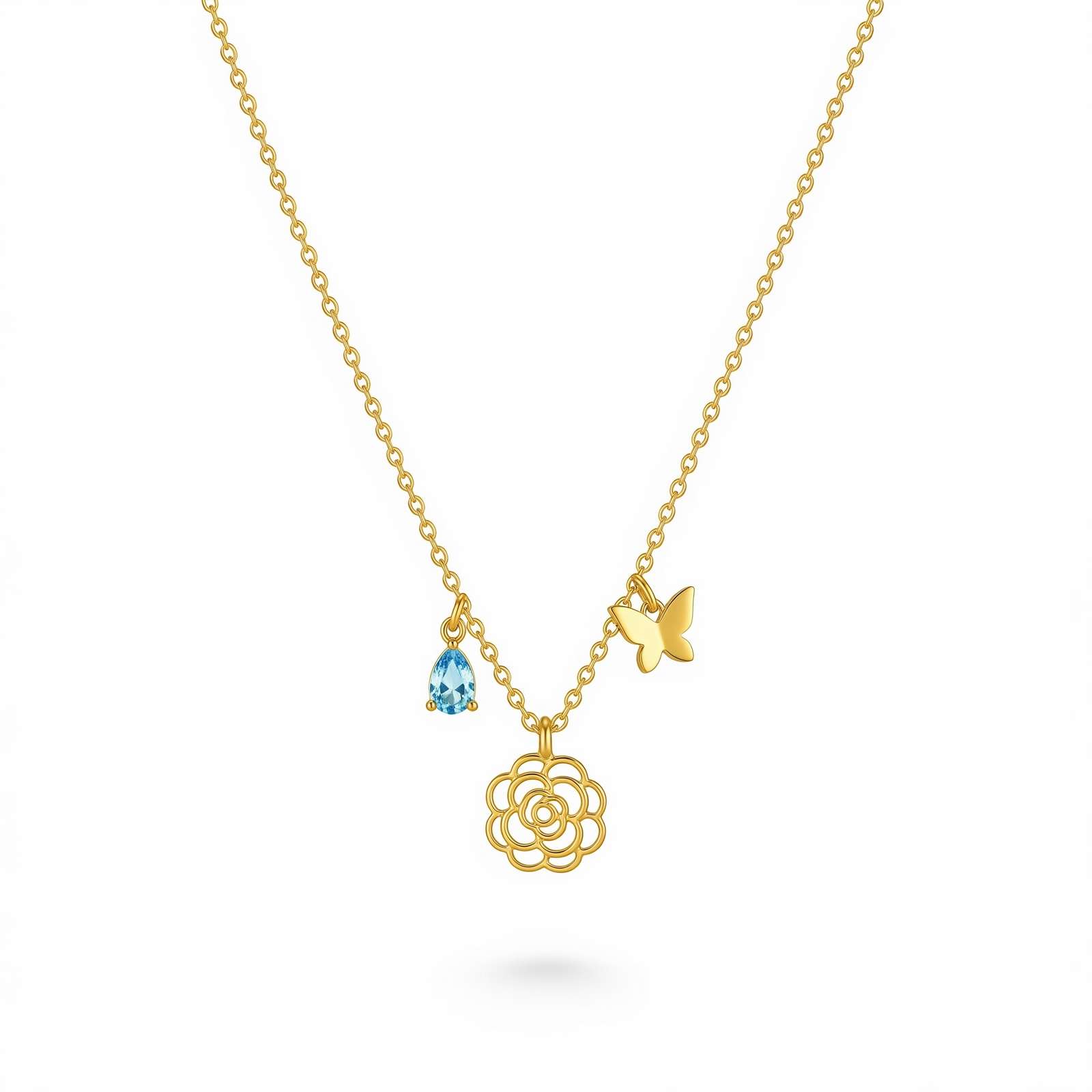 Custom Birthstone Charm Necklace with Butterfly Flower Pendant – Elegant Gold Charm Necklace with Birthstone for Personalized Style