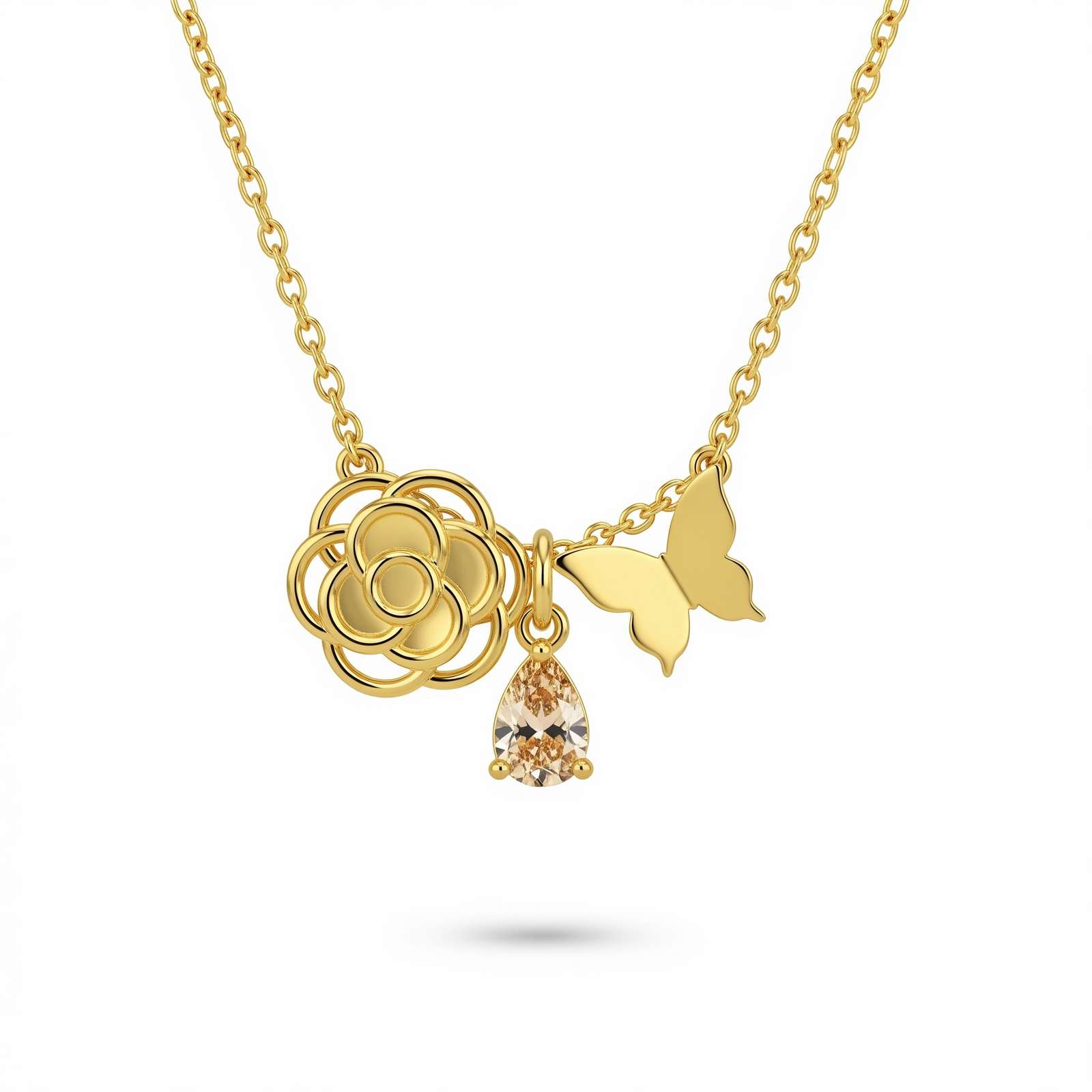 Custom Birth Month Flower Birthstone Charm Necklace with Gold Butterfly Flower Gemstone Pendant – Personalized Floral Charm Necklace Gift for Women