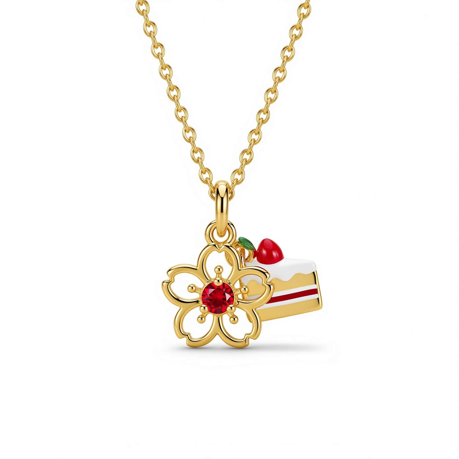 Sakura Flower Necklace with Cherry Cake Pendant - Gold Charm Jewelry for a Sweet, Elegant Look