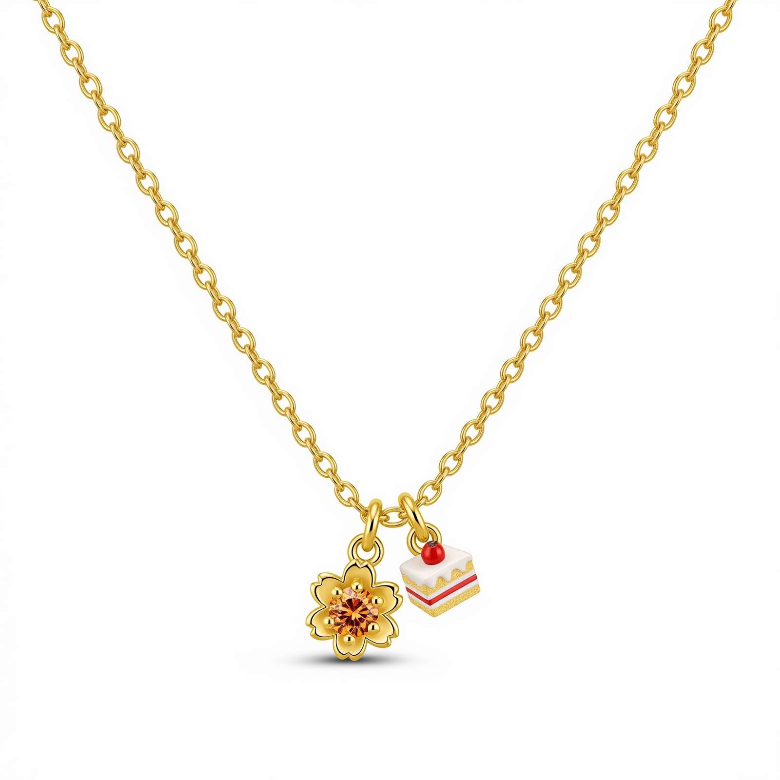 Gold Charm Necklace with Cute Pendant – Whimsical Cake and Flower Necklace for Everyday Sweet Style