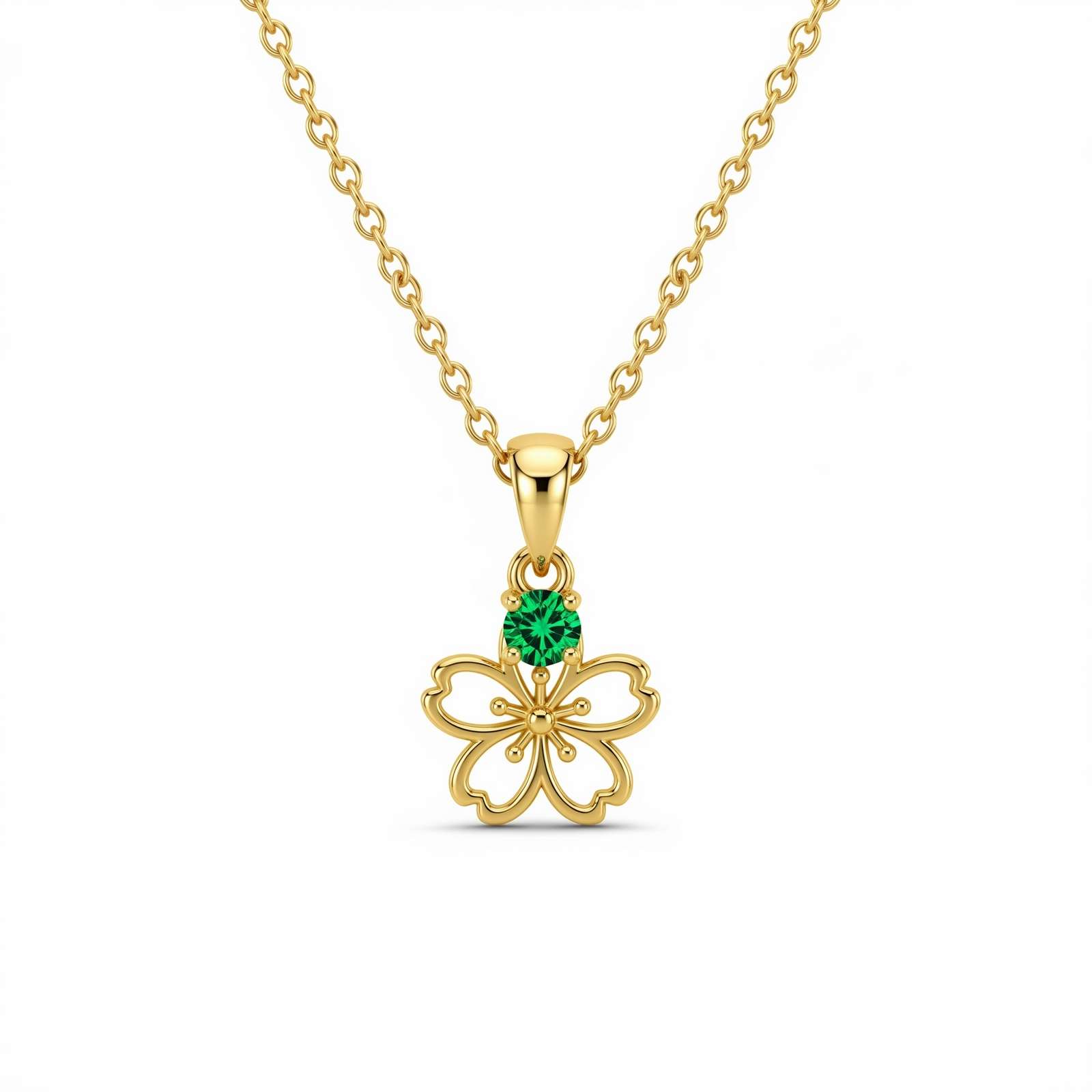 Custom Birthstone Flower Necklace - Gold Flower Pendant Necklace with Green Birthstone Charm