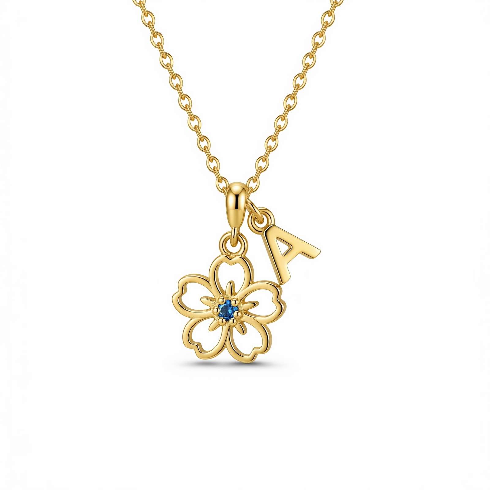 Custom Gold Floral Pendant Necklace with Blue Gemstone – Personalized Openwork Floral Birthstone Charm Necklace