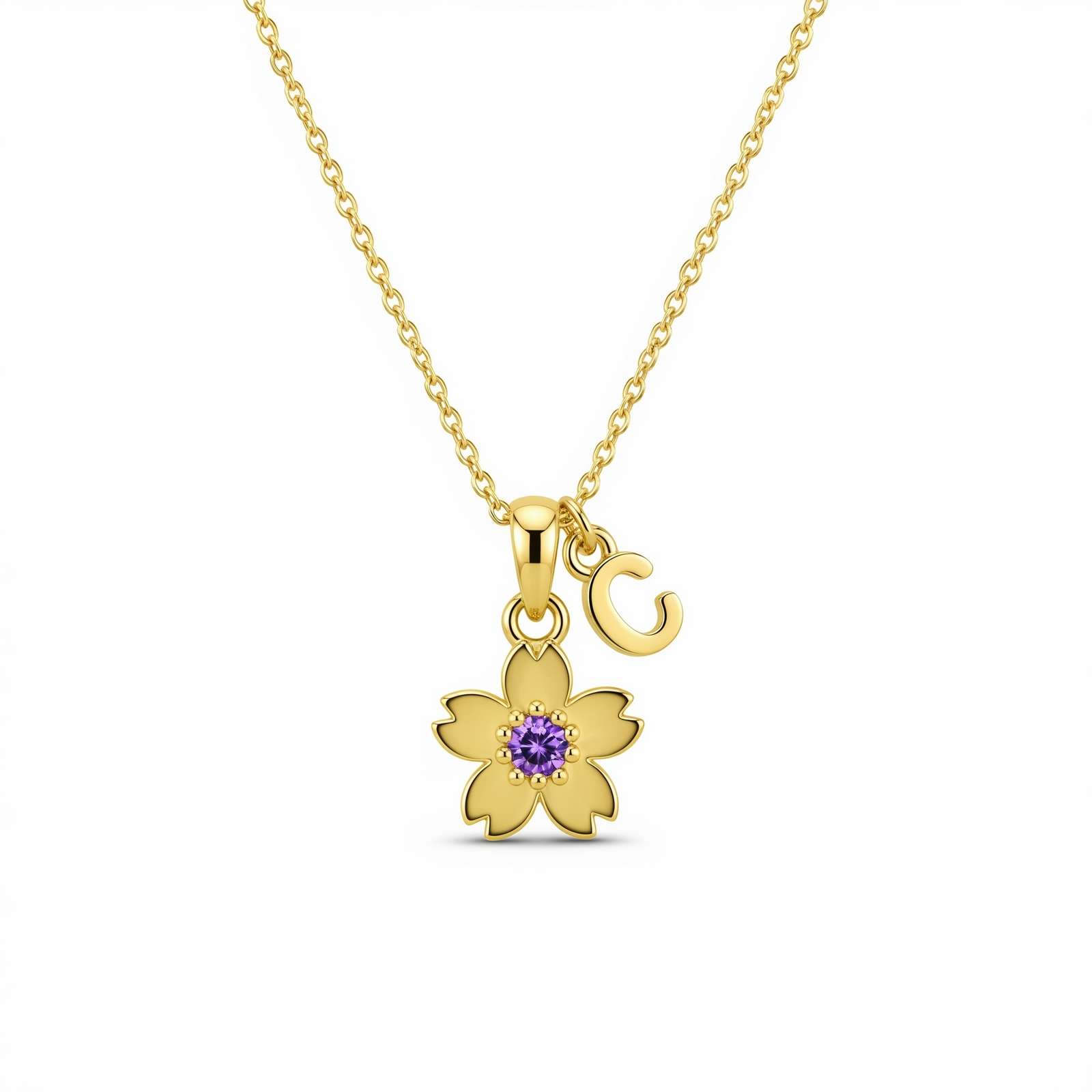 Elegant Gold Cherry Blossom Birthstone Necklace – Personalized Sakura Initial Pendant Necklace – Custom Birth Month Flower Birthstone Charm Necklace