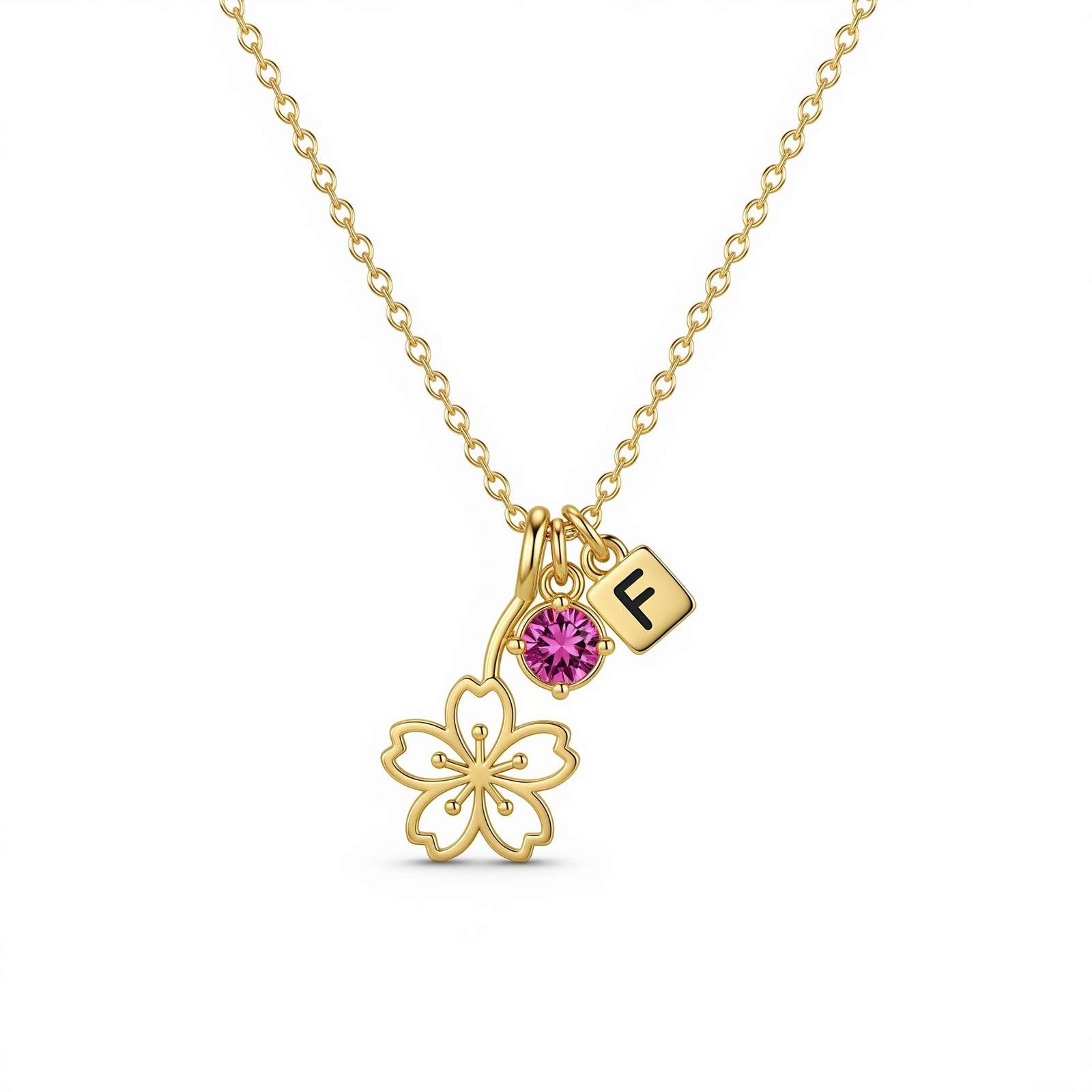 Custom Birth Month Flower Birthstone Charm Necklace | Personalized Cherry Blossom Initial Necklace in Gold Sakura Design