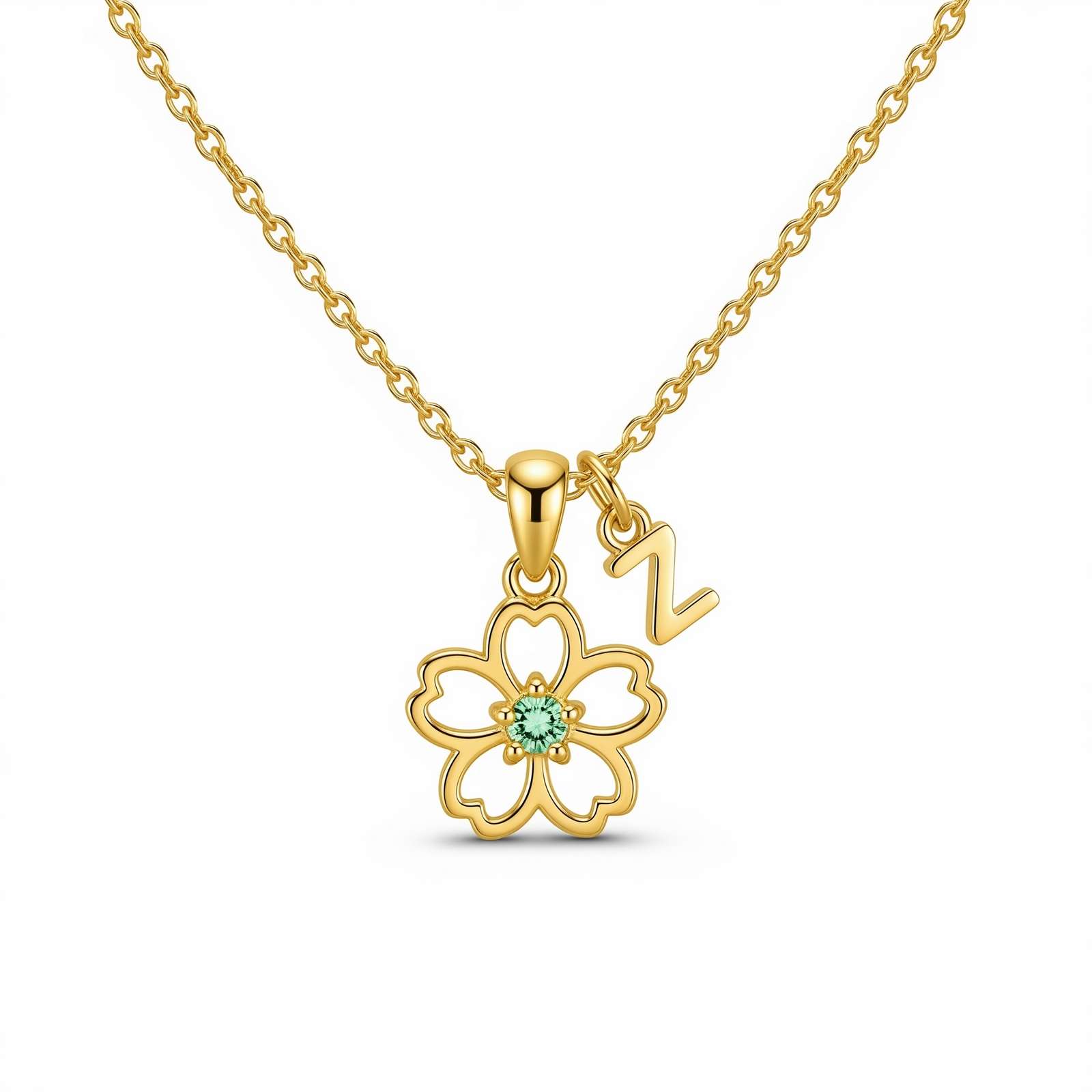 Custom Birthstone Charm Necklace - Personalized Flower Birthstone Pendant with Gold Initial