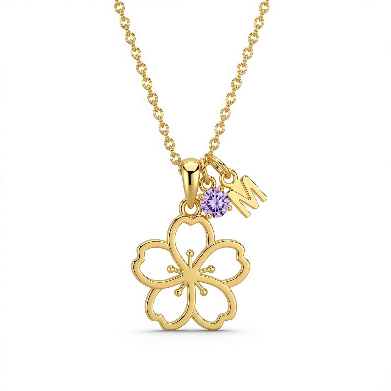 Gold Flower Necklace with Charm - Personalized Floral Necklace with Amethyst Detail