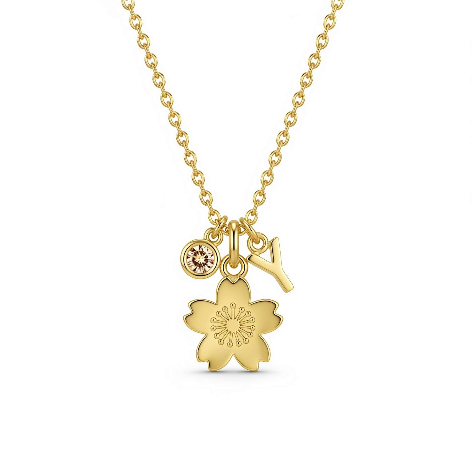 Gold Cherry Blossom Necklace with Personalized Flower Charm - Elegant Pendant Necklace for Women