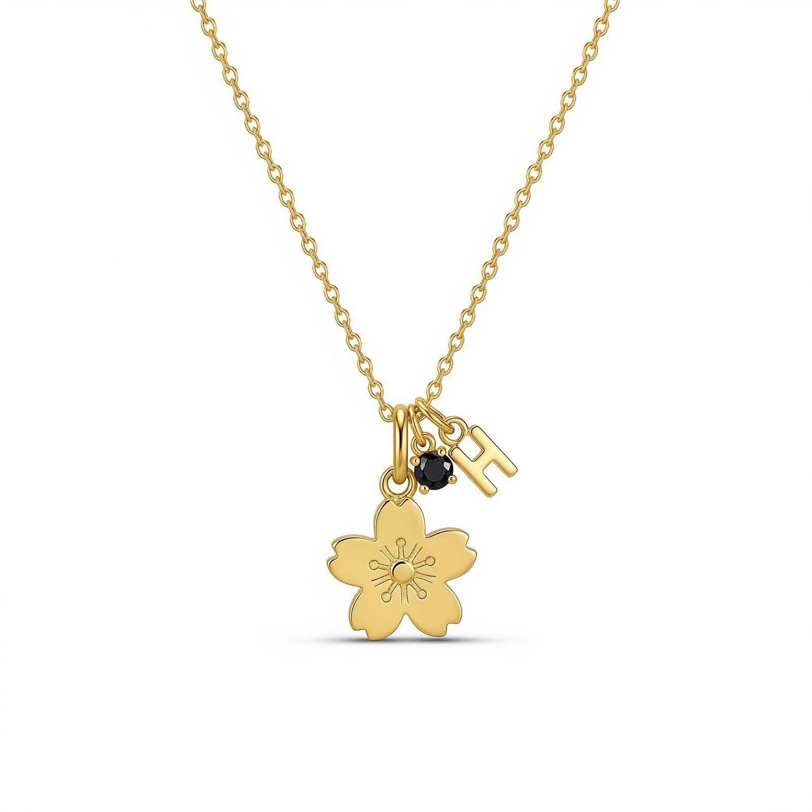 Personalized Gold Cherry Blossom Necklace with Initial, Floral Pendant Necklace for Custom Style
