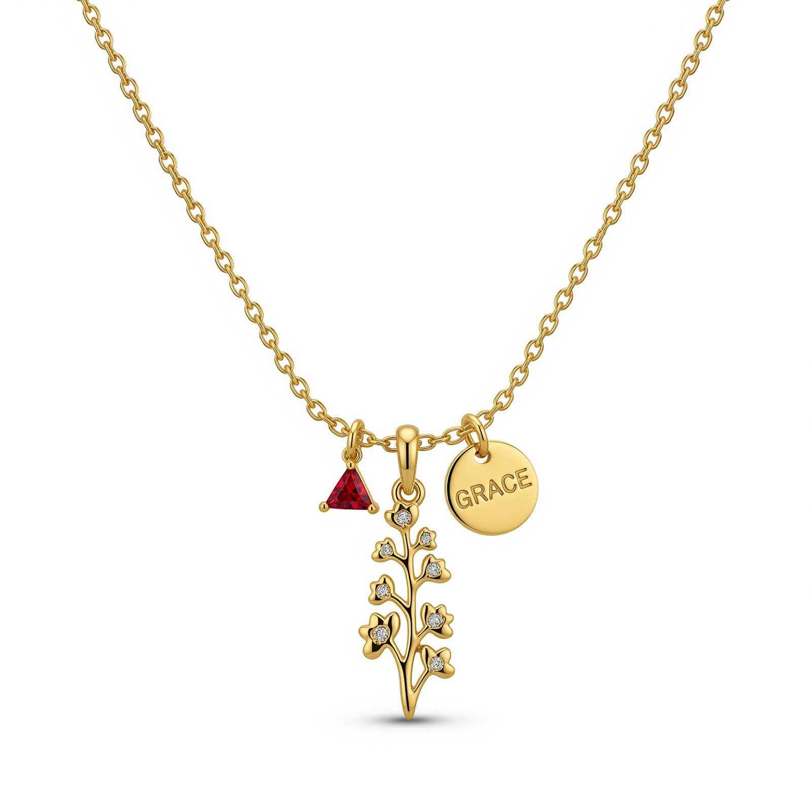 Custom Birth Month Flower Birthstone Charm Necklace – Personalized Gold Flower Pendant with Name Tag & Ruby Triangle Charm Floral Necklace