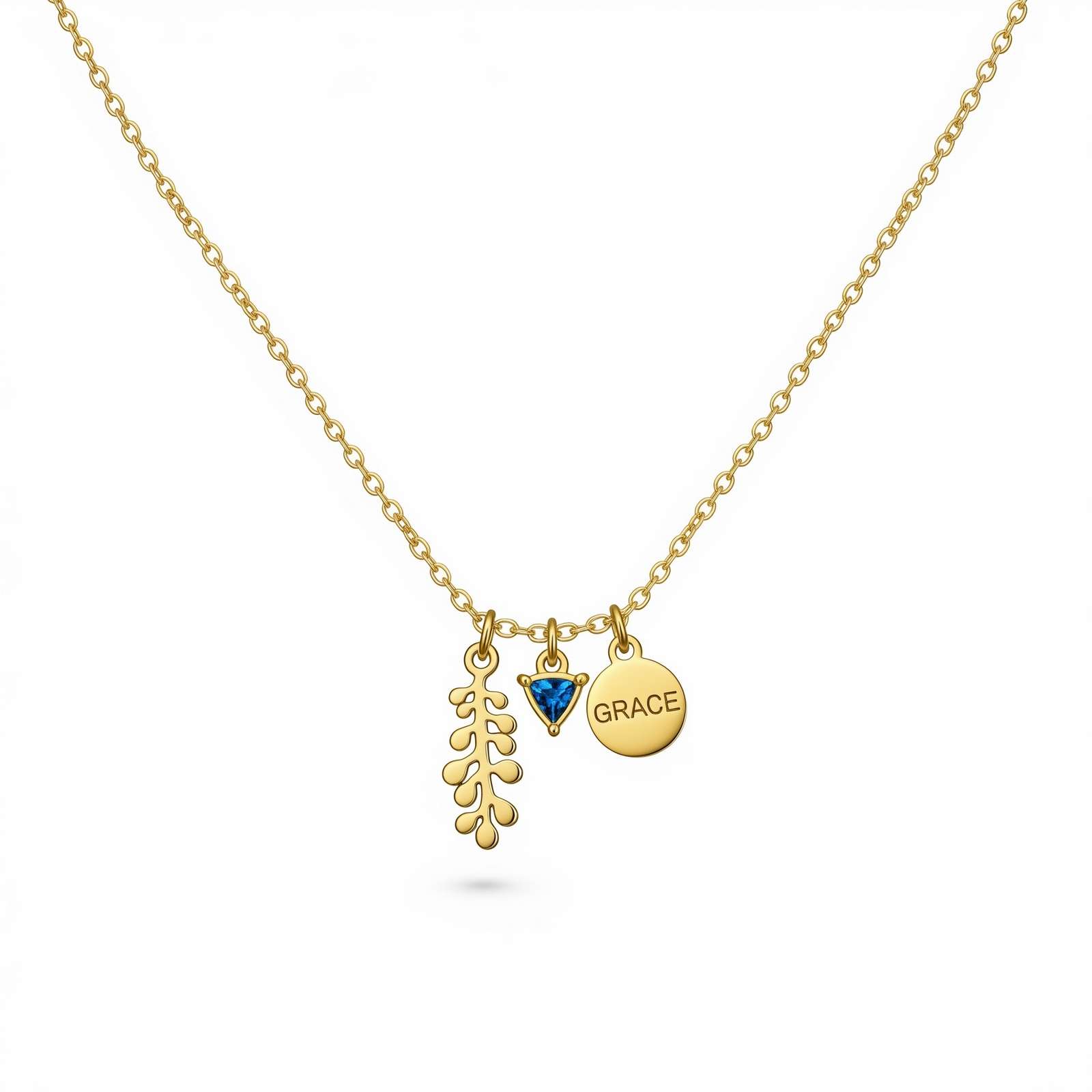 Elegant Personalized Grace Charm Necklace with Custom Birthstone and Gold Leaf – A Stunning Gold Leaf Charm Necklace and Custom Birthstone Charm Necklace in One!