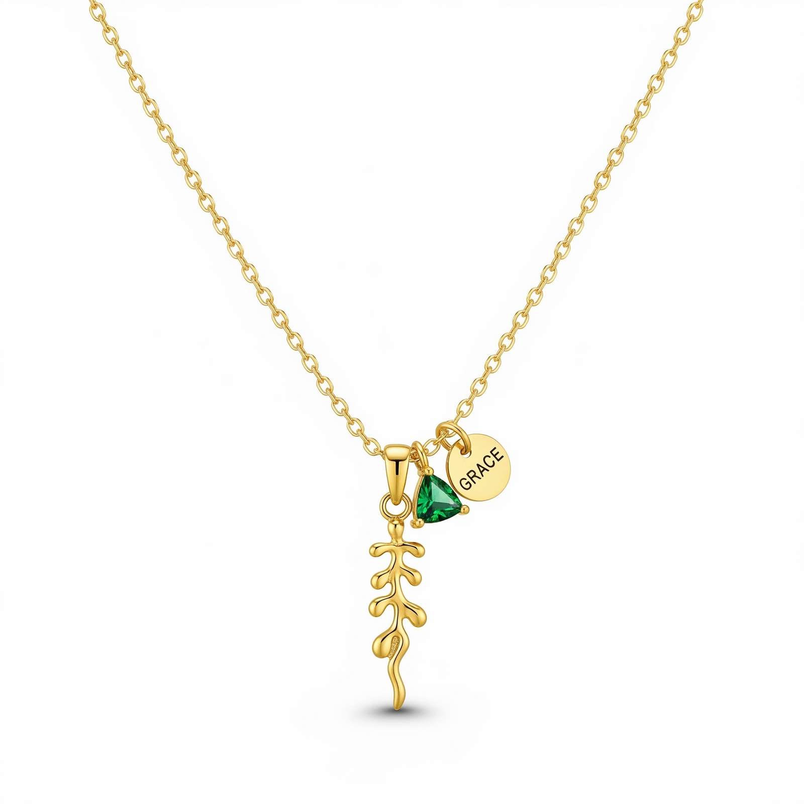 Custom Birth Month Flower Birthstone Charm Necklace with Personalized Gold Name Charm and Leaf Pendant Green Crystal Necklace
