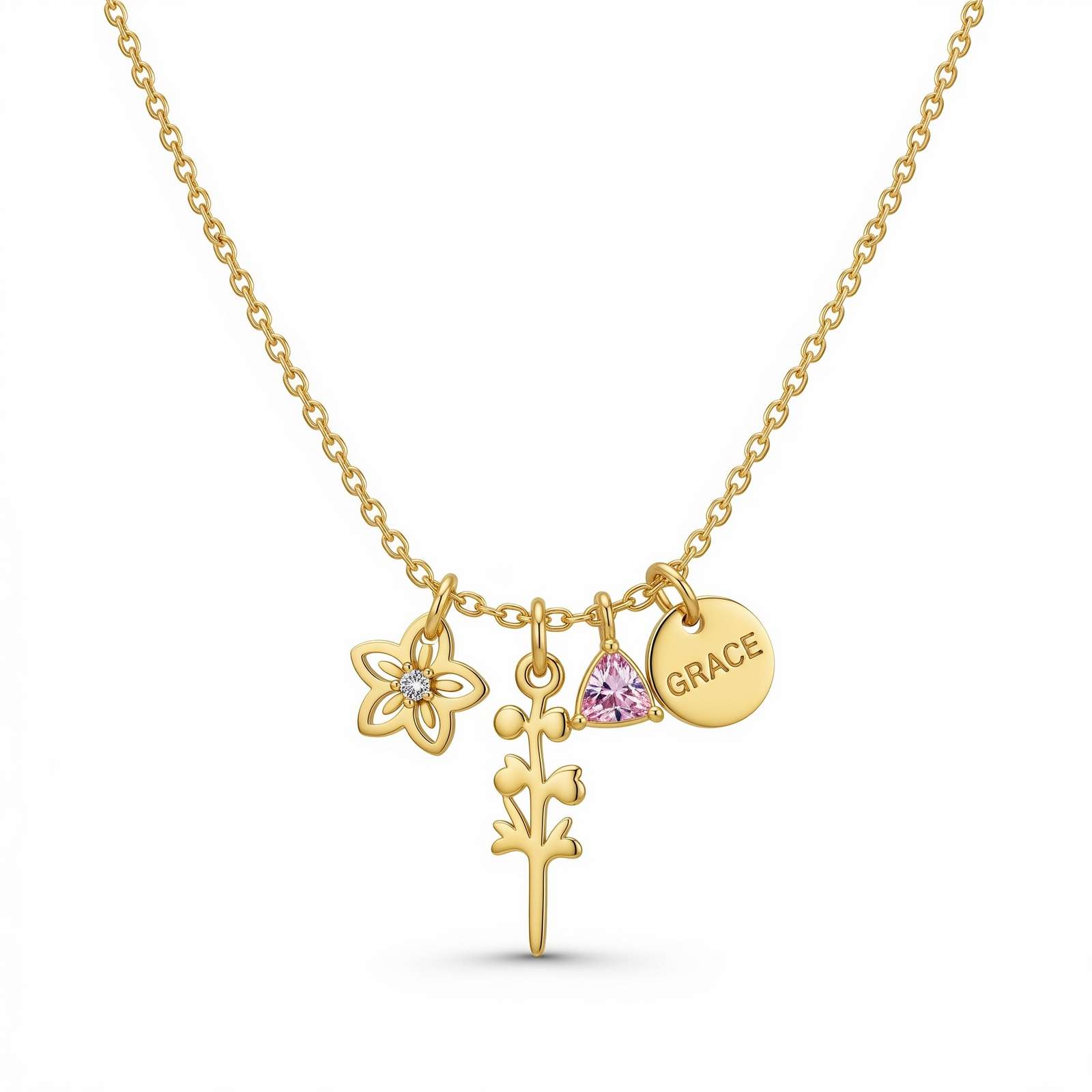 Custom Birth Flower Gold Charm Necklace – Personalized Gold Grace Flower Necklace with Engraved Flower Pendant and Birthstone Detail