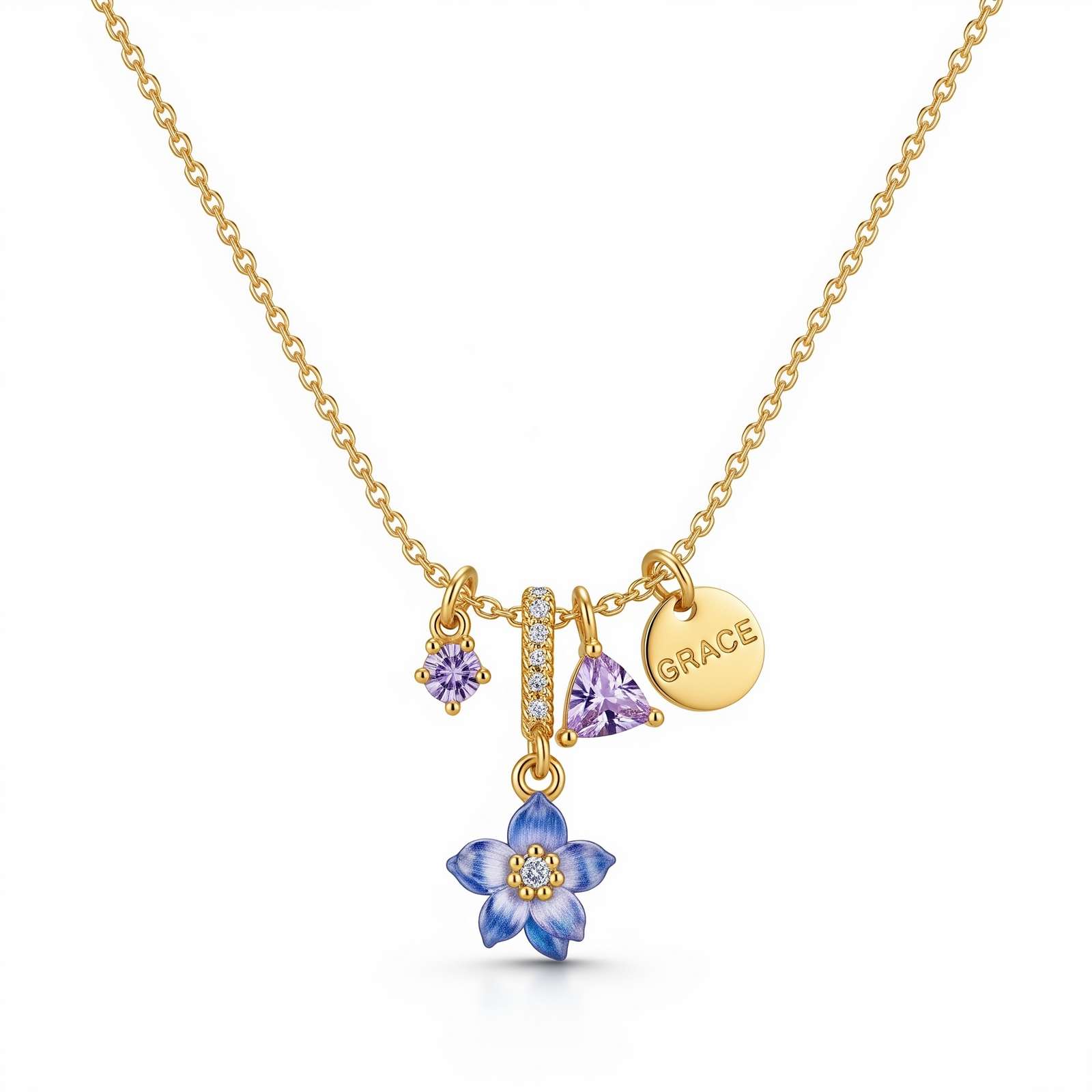 Custom Birth Month Flower Birthstone Charm Necklace – Personalized Floral Birthstone Name Pendant – Gold Necklace with Engraved Charm and Gemstone