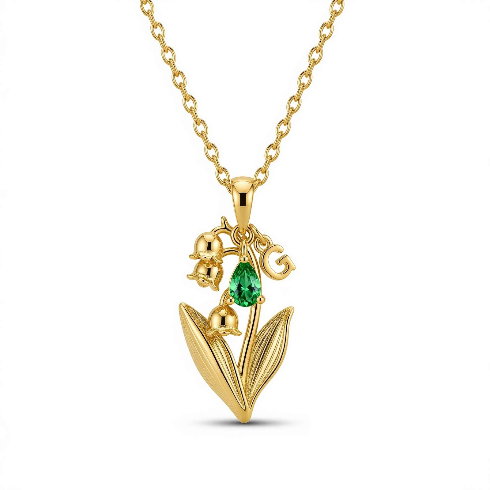 Elegant Custom Birthstone Charm Necklace – Gold Floral Birthstone Necklace Featuring Lily of the Valley Birthstone Pendant for Meaningful Gifting