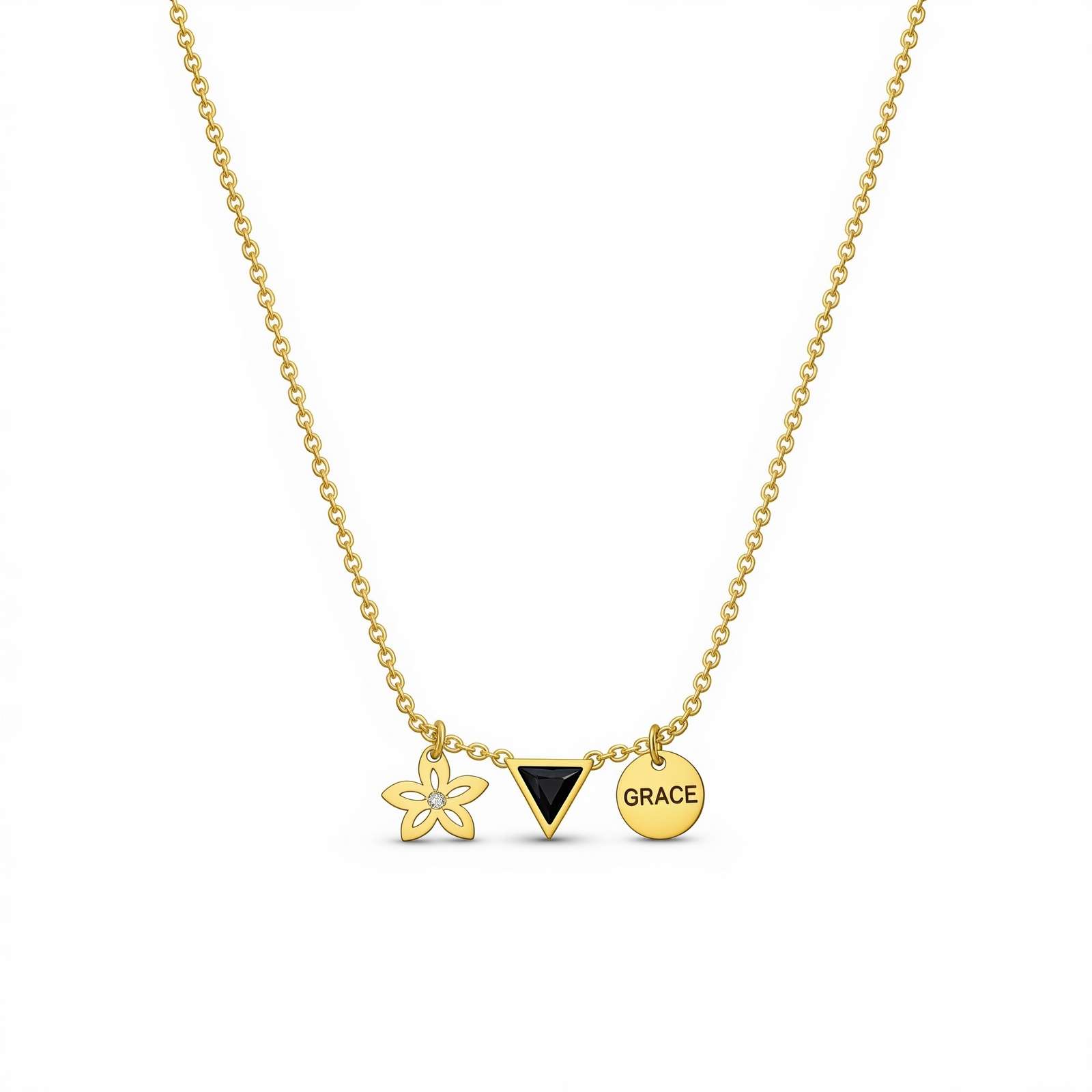 Gold Personalized Charm Necklace with Name and Gemstone – Dainty Flower Pendant Necklace for Women Featuring Custom Birth Month Flower Birthstone Charm Necklace Design
