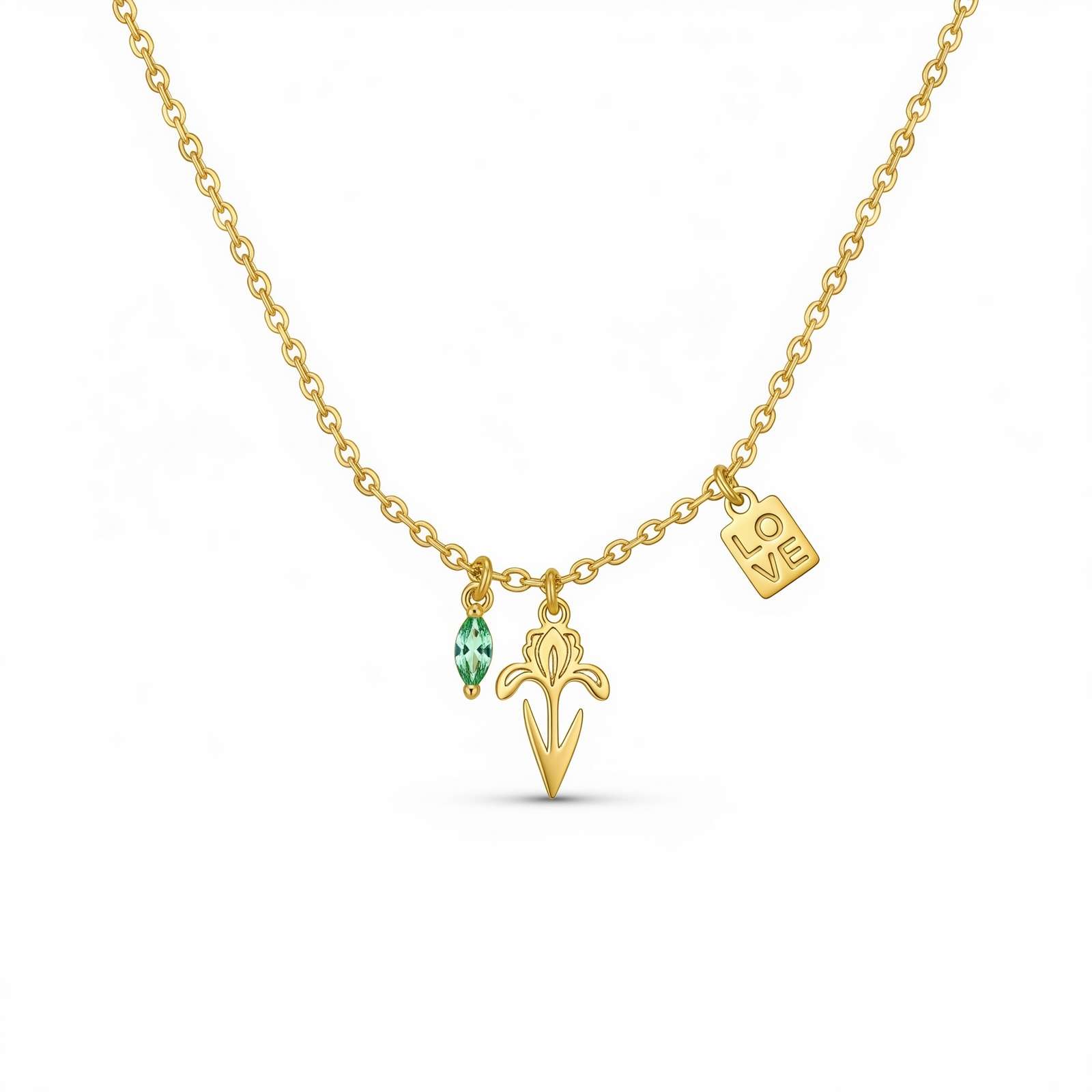Custom Birth Month Flower Birthstone Charm Necklace – Gold Flower Charm Necklace with Emerald Birthstone – Personalized Love Tag Floral Pendant Necklace