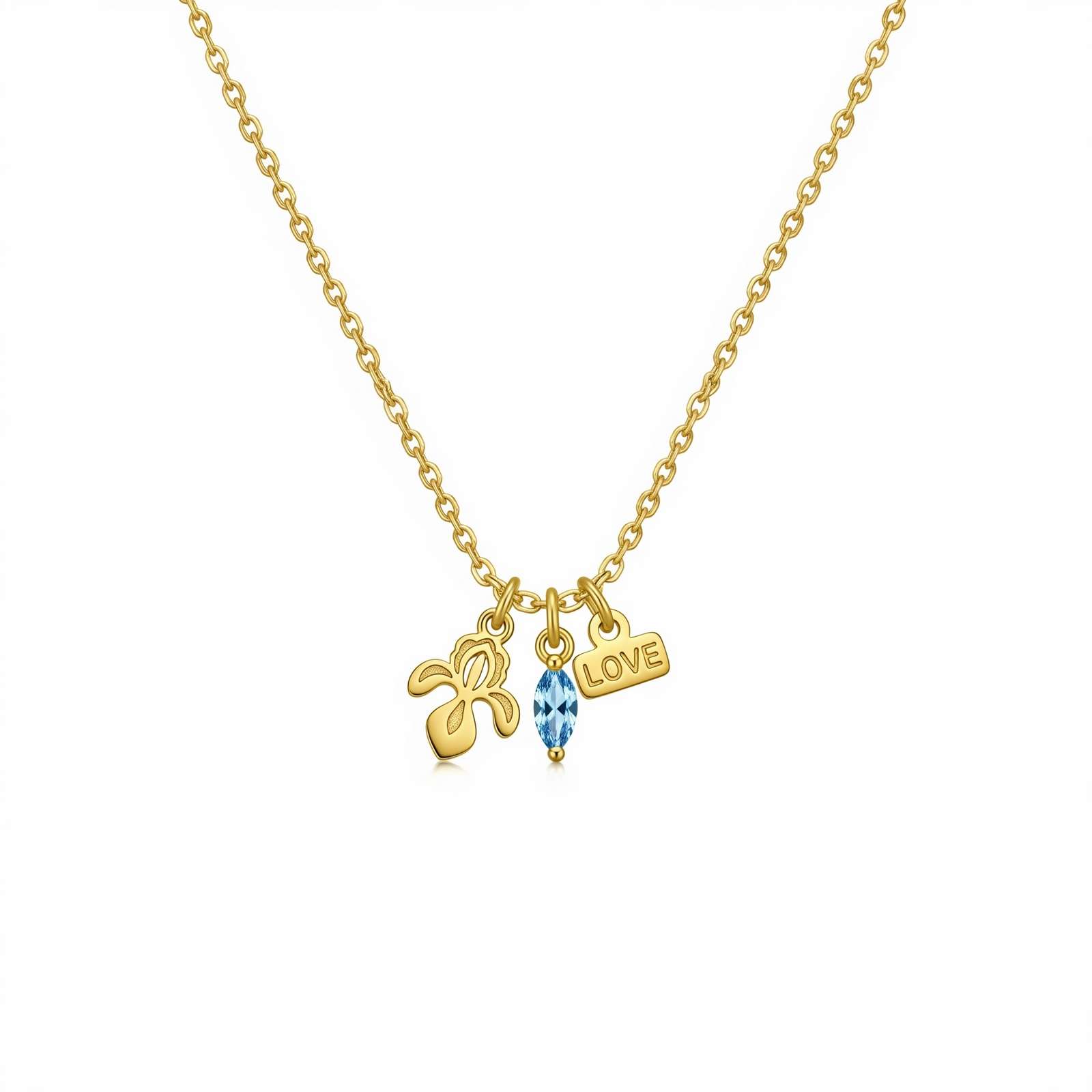 Custom Birth Month Flower Birthstone Charm Necklace – Gold Flower Love Charm Necklace with Personalized Gemstone Charm Pendant
