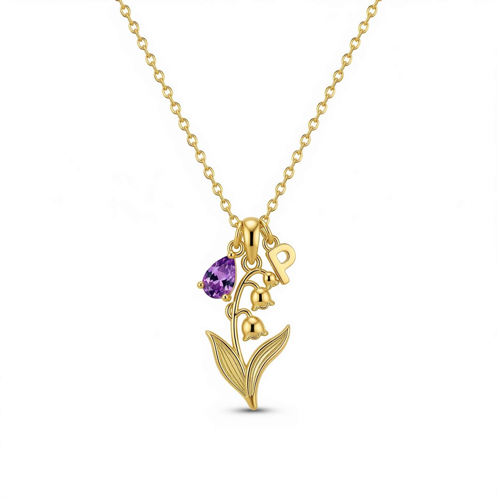Elegant Custom Birthstone Charm Necklace with Amethyst Birth Flower – Personalized Floral Pendant for Women, Meaningful Jewelry Gift