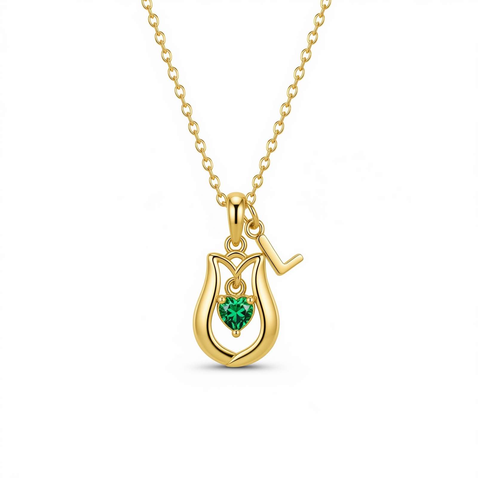 Custom Birthstone Charm Necklace - Green Gemstone Tulip Pendant, Personalized Floral Birthstone Necklace
