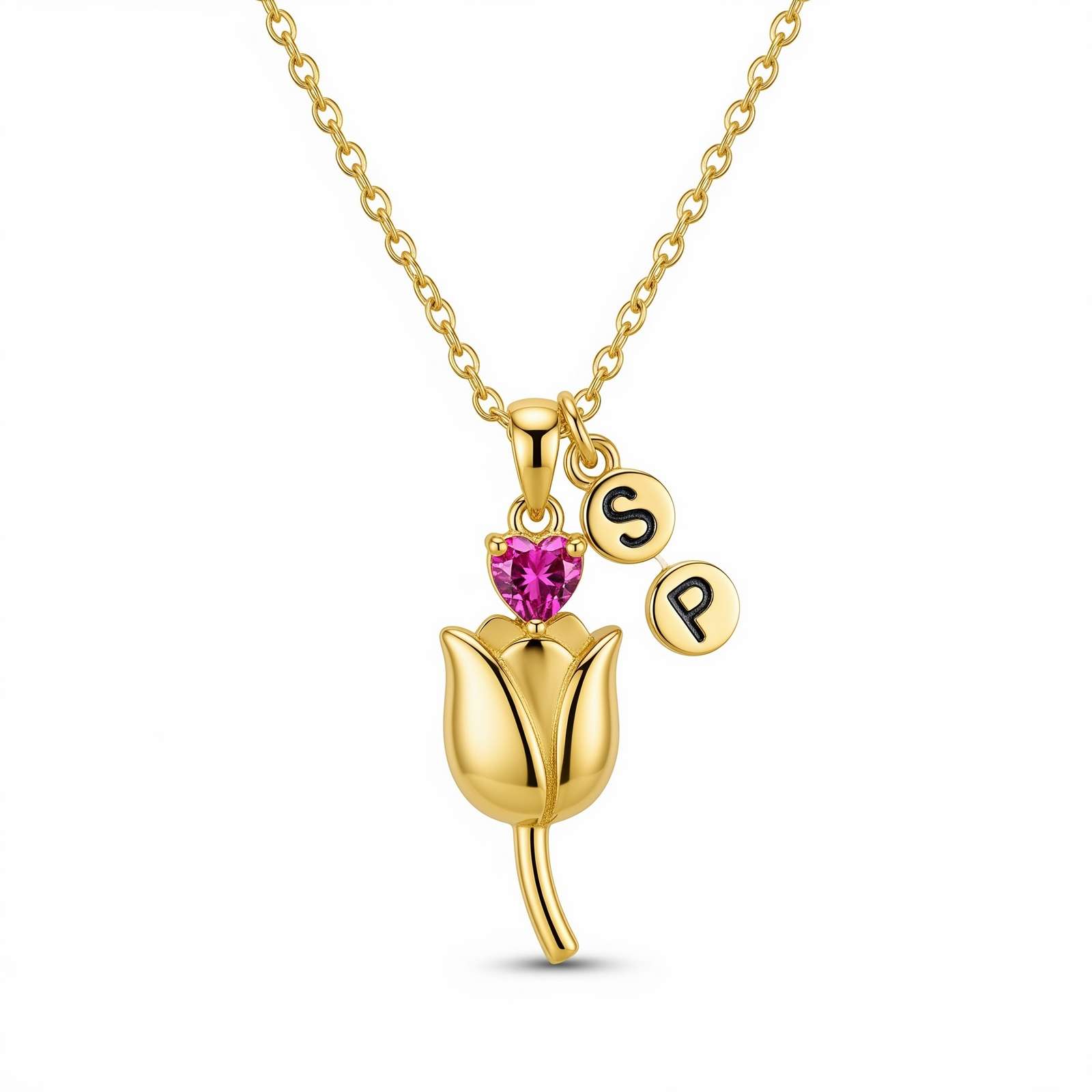 Custom Birthstone Charm Necklace with Personalized Letter Charm and Tulip Flower Birthstone Necklace