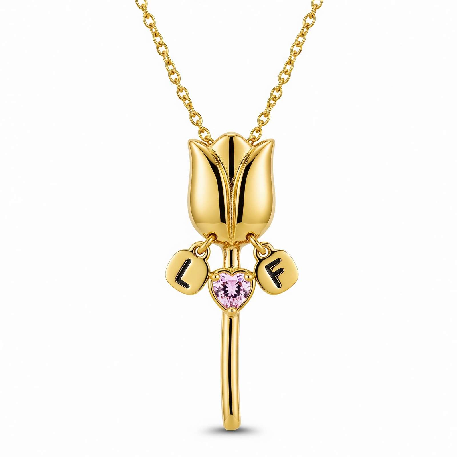 Custom Tulip Flower Birthstone Necklace with Gold Personalized Initial Charm | Custom Birth Month Flower Birthstone Charm Necklace