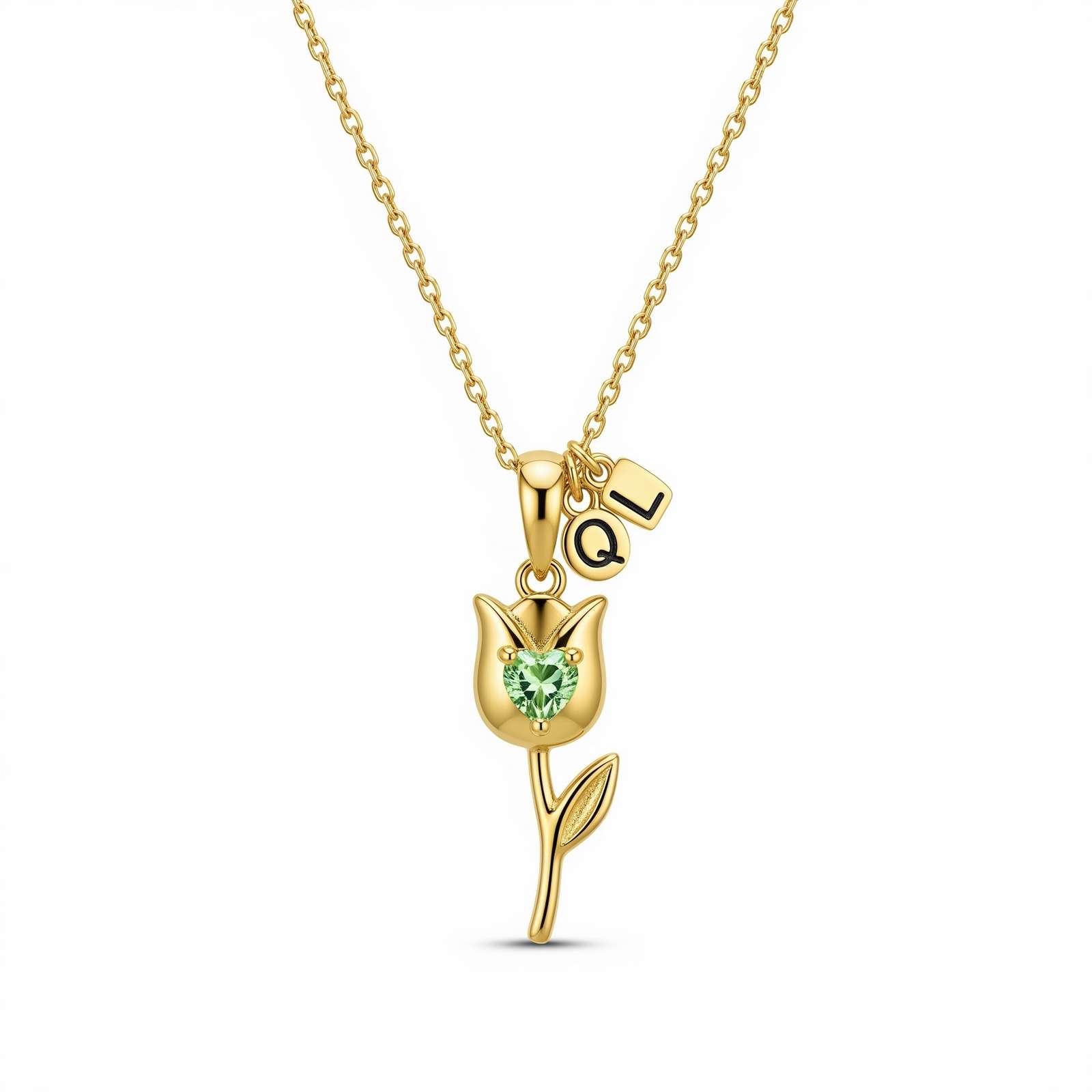 Custom Birth Month Flower Birthstone Charm Necklace - Tulip Birthstone Pendant Gold Personalized Floral Gemstone Necklace