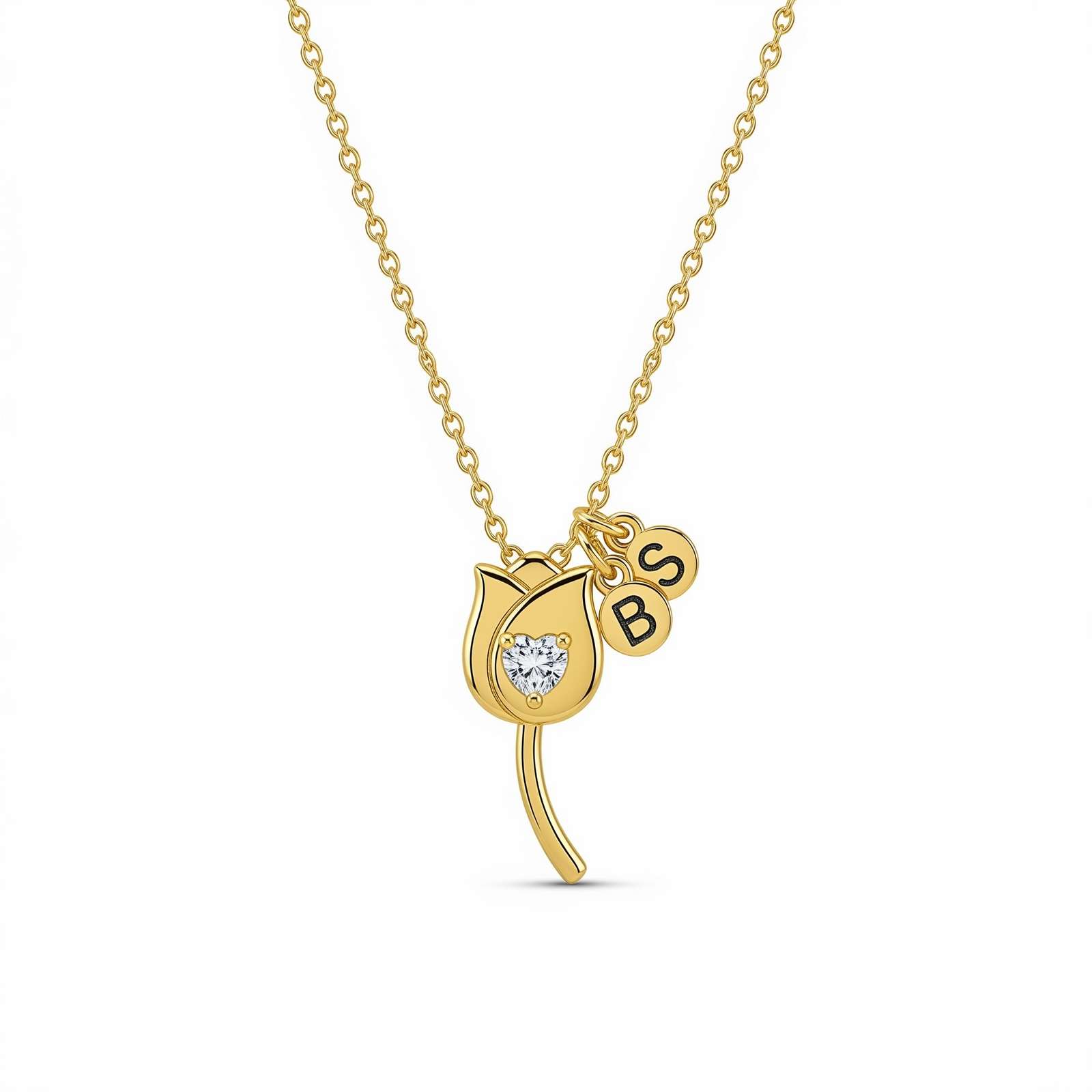 Custom Birthstone Charm Necklace with Diamond - Personalized Flower Necklace in Yellow Gold